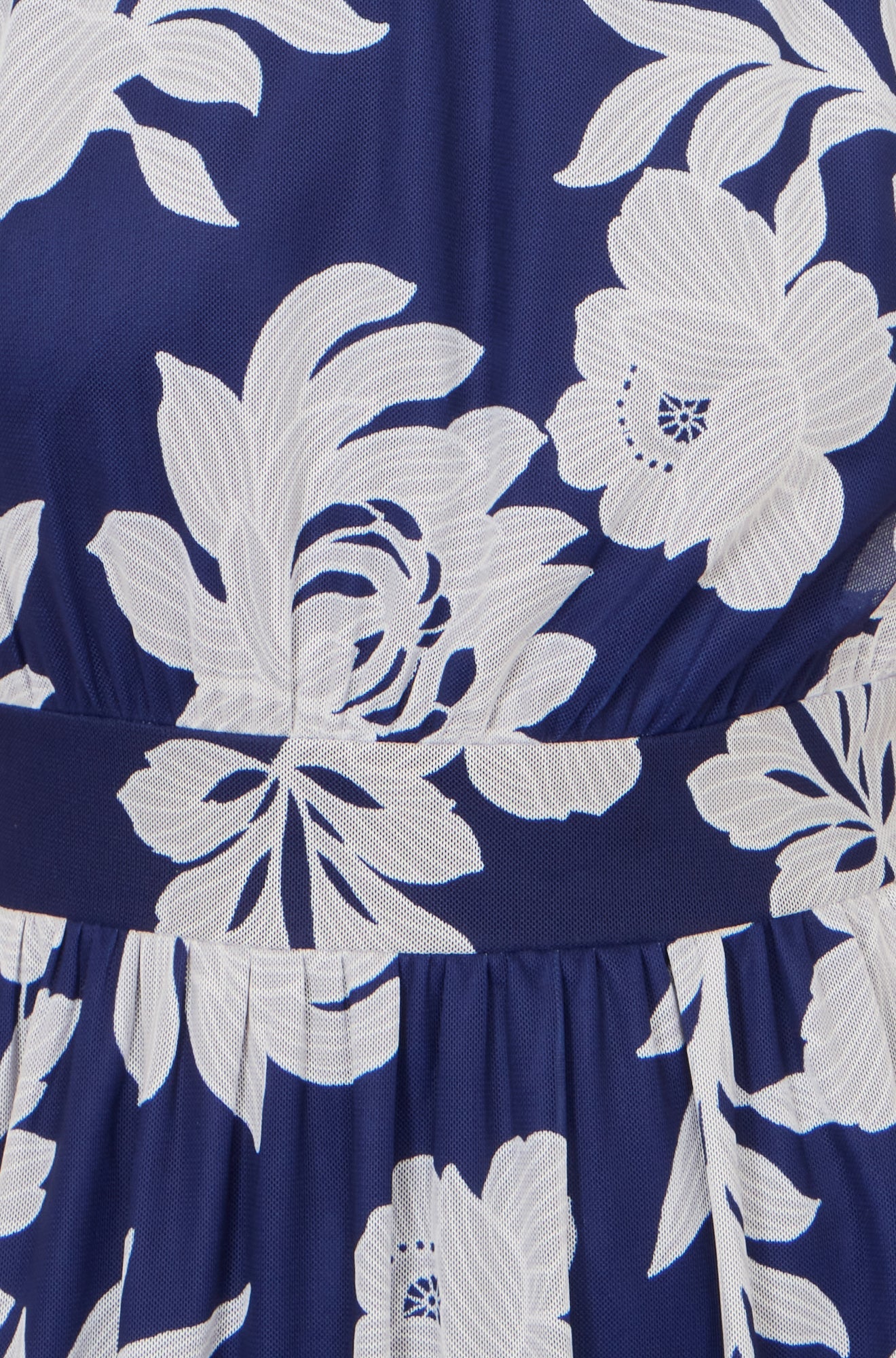 Yumi Navy Flower Stretch Mesh Midi Dress With Angel Sleeves - QHA UK