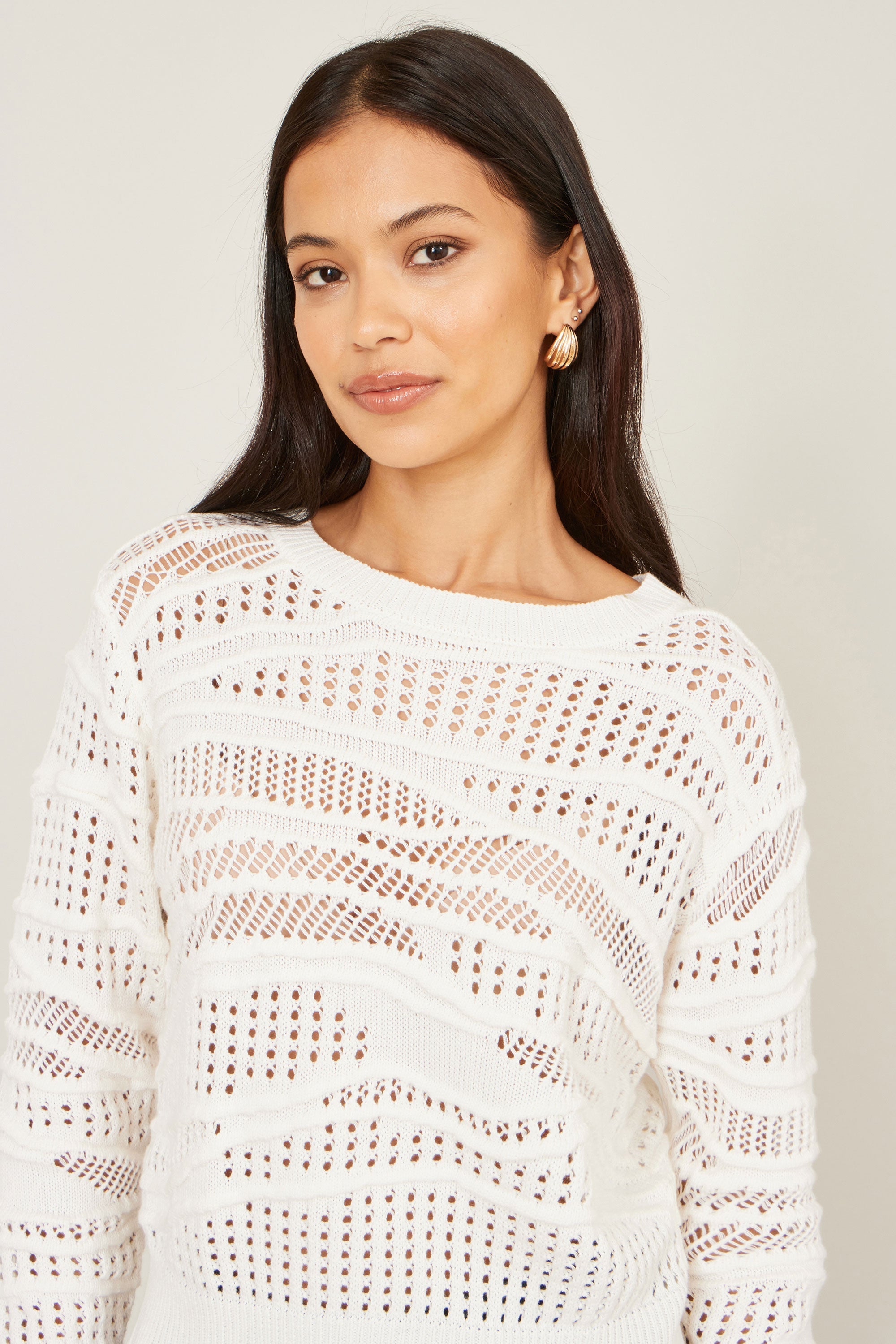 Yumi White Wave Pointelle Knitted Jumper