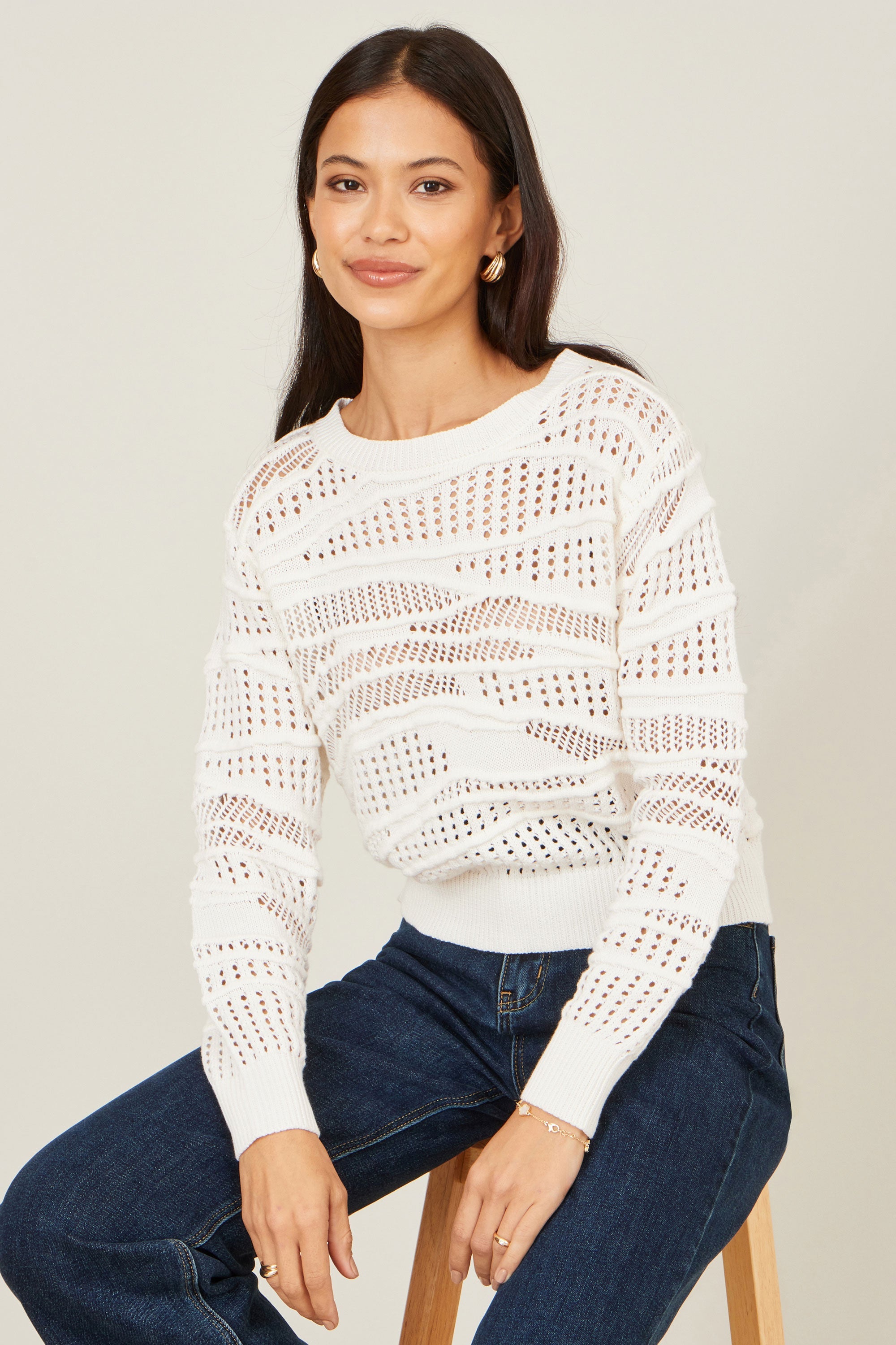 Yumi White Wave Pointelle Knitted Jumper