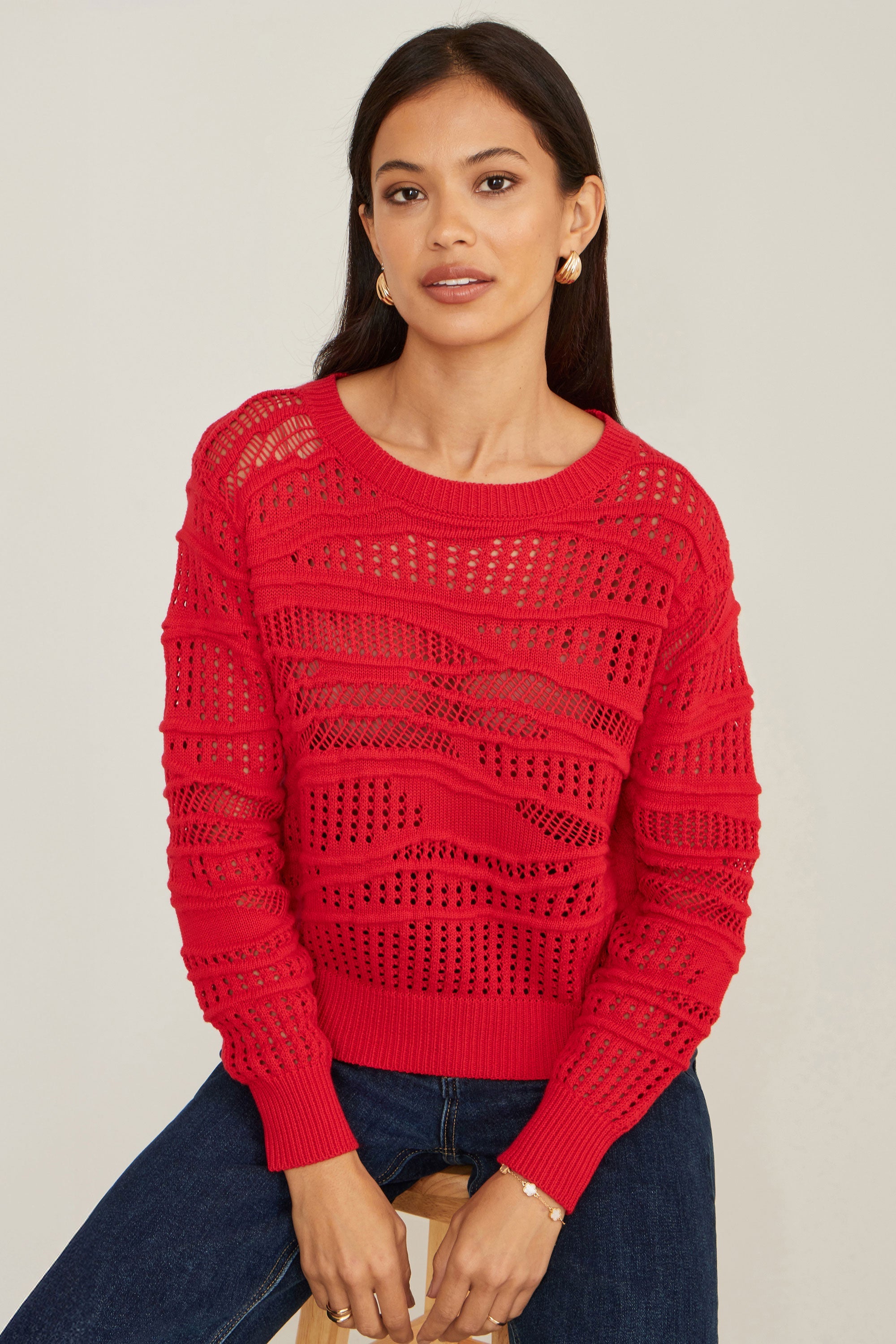 Yumi Red Wave Pointelle Knitted Jumper