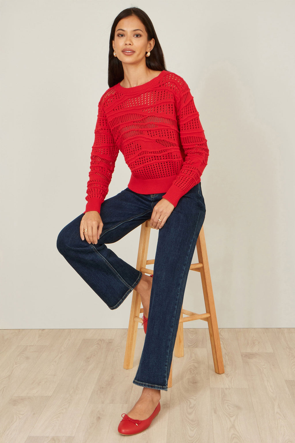 Yumi Red Wave Pointelle Knitted Jumper