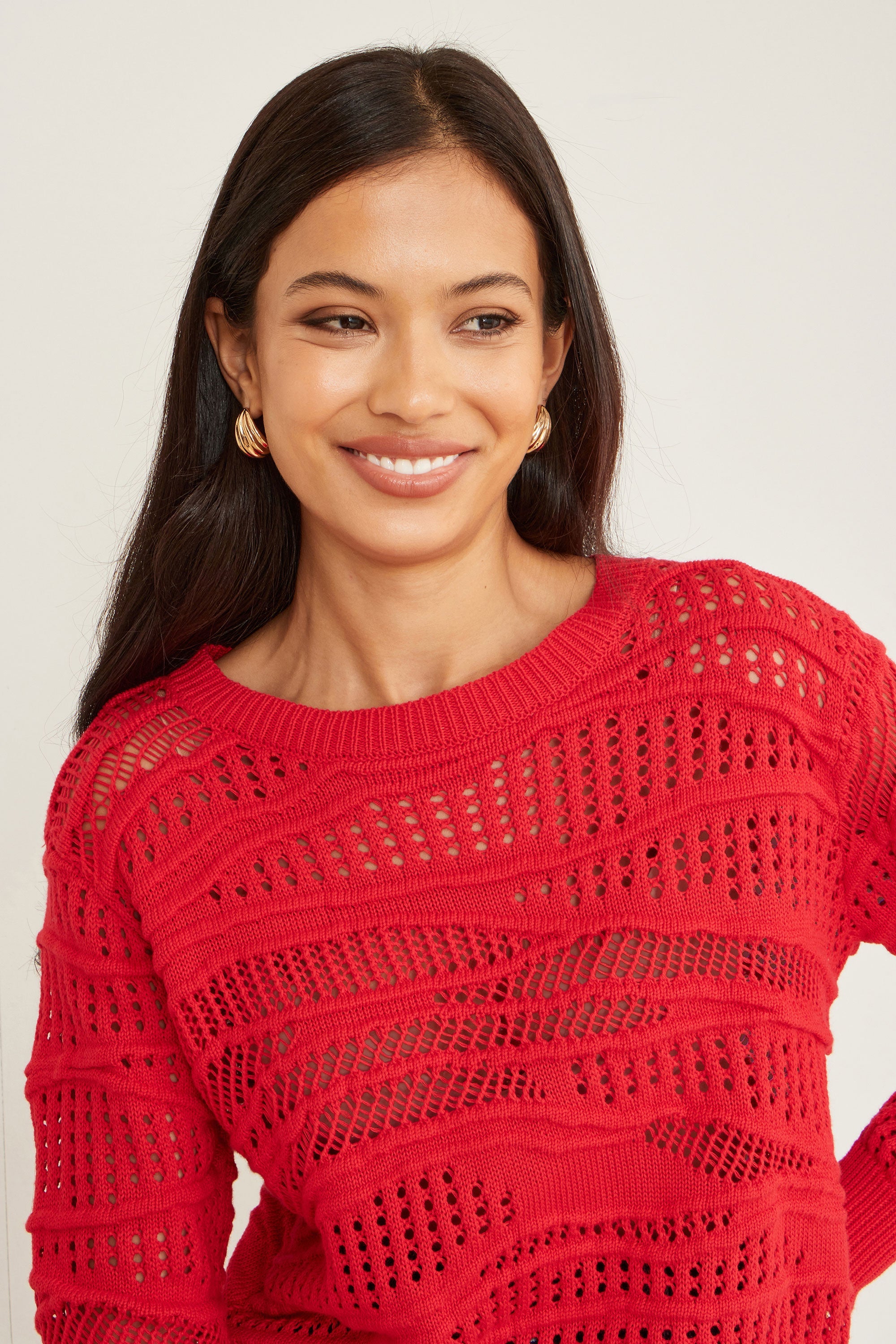 Yumi Red Wave Pointelle Knitted Jumper