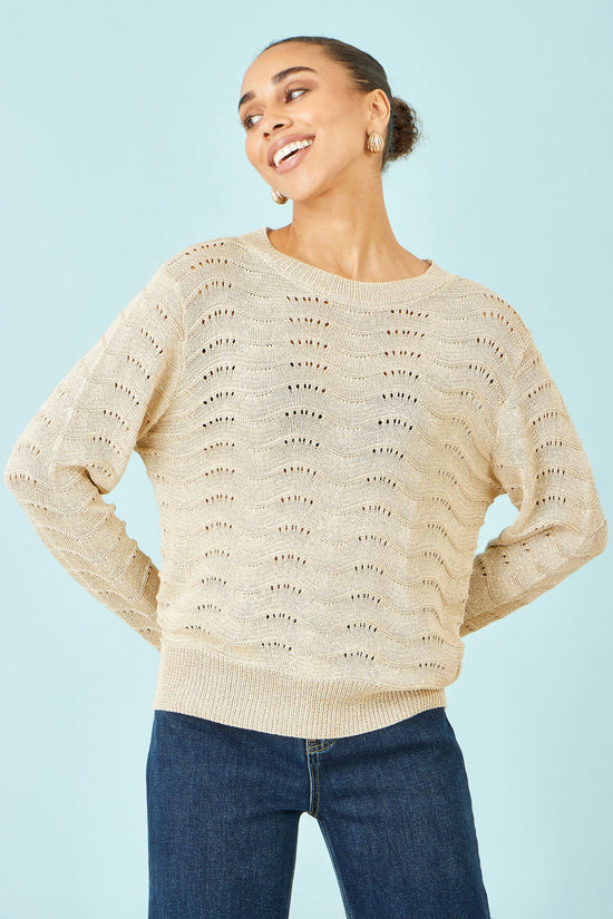 Yumi Beige Wave Metallic Thread Relaxed Jumper - QHA UK