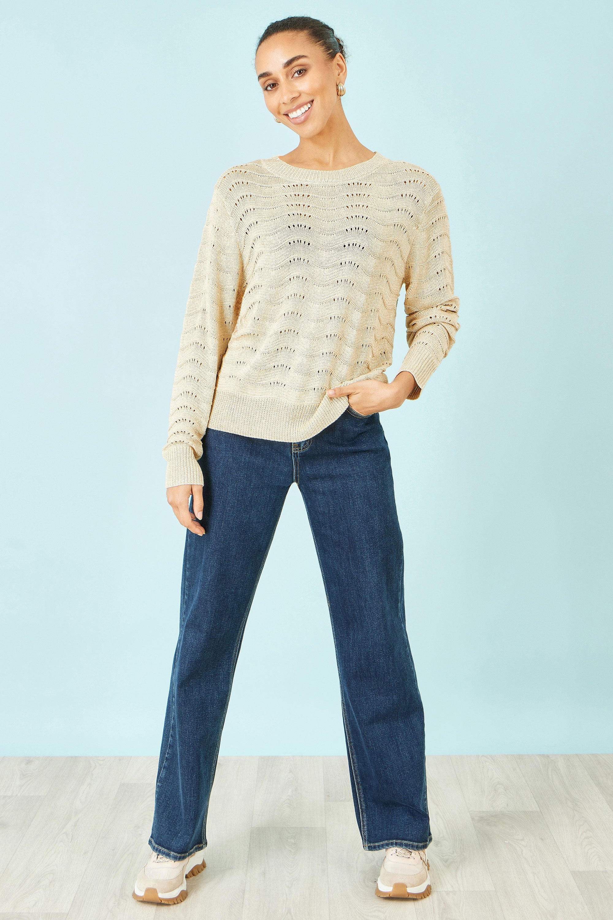 Yumi Beige Wave Metallic Thread Relaxed Jumper