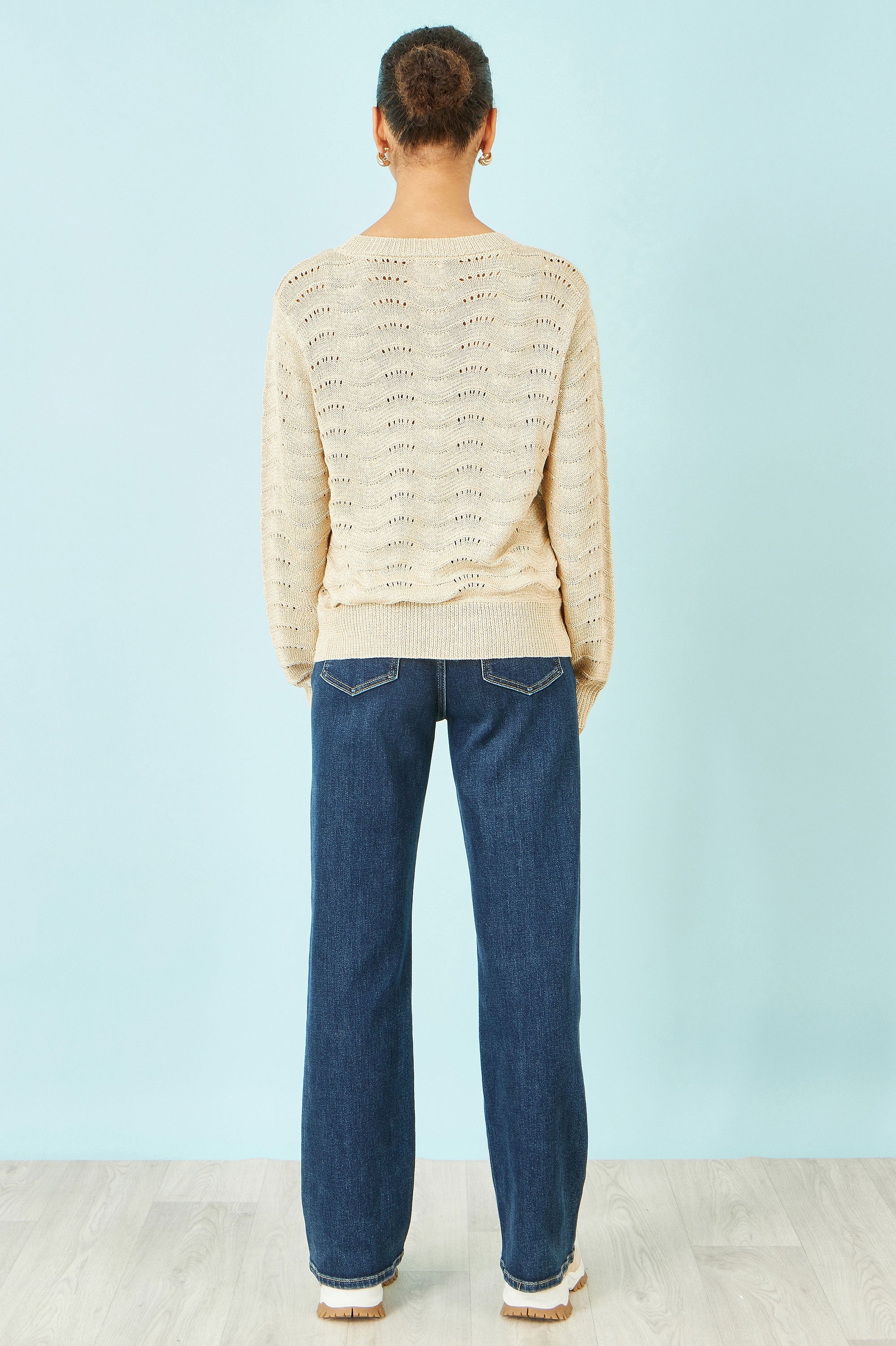 Yumi Beige Wave Metallic Thread Relaxed Jumper