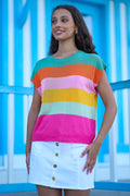Yumi Multicolour Block Stripe Relaxed Knitted Top - QHA UK