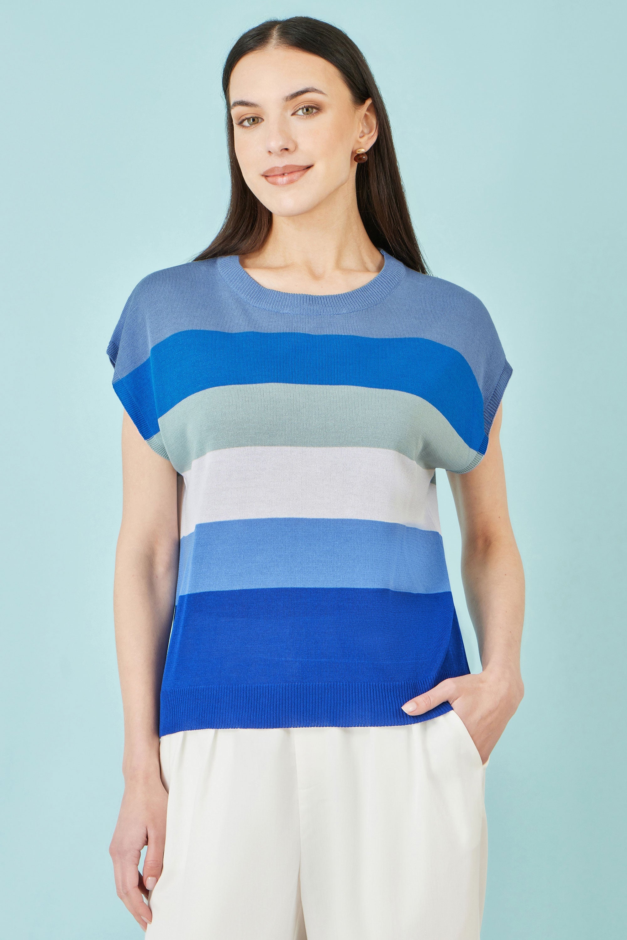Yumi Blue Block Stripe Relaxed Knitted Top