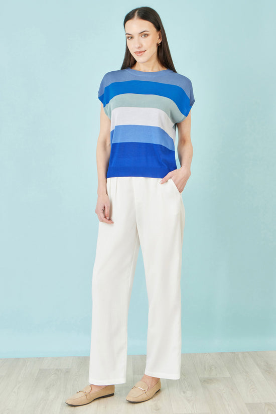 Yumi Blue Block Stripe Relaxed Knitted Top - QHA UK