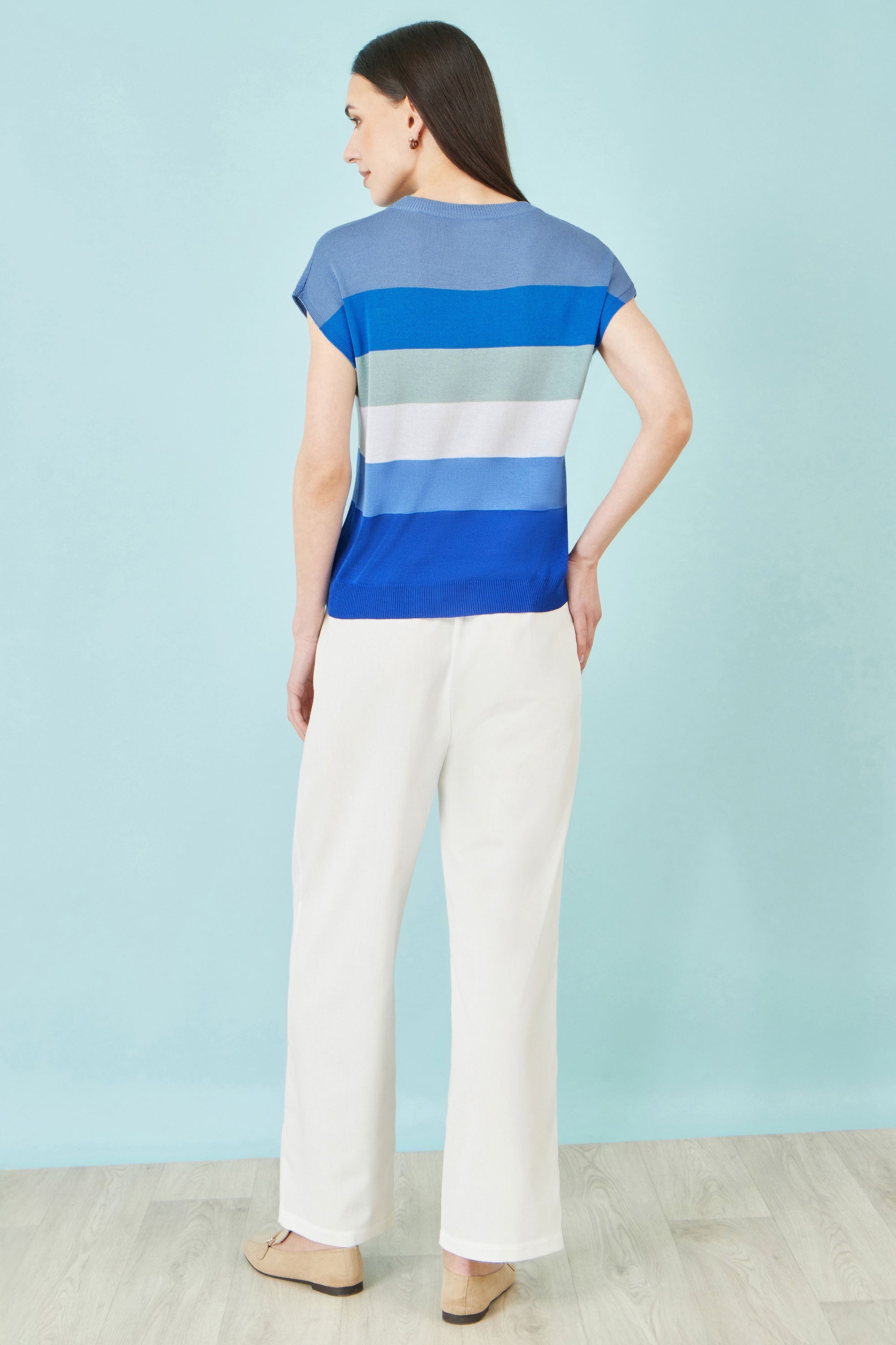 Yumi Blue Block Stripe Relaxed Knitted Top