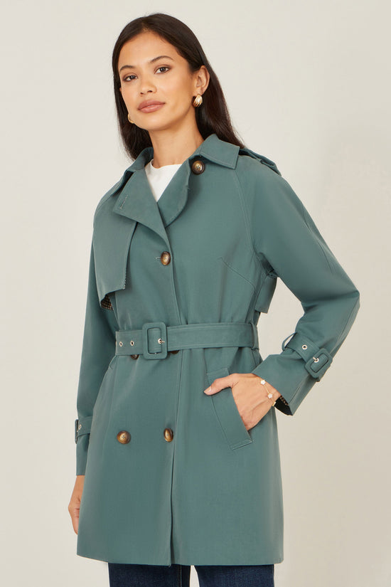 Yumi Blue Belted Trench Coat With Check Lining - QHA UK