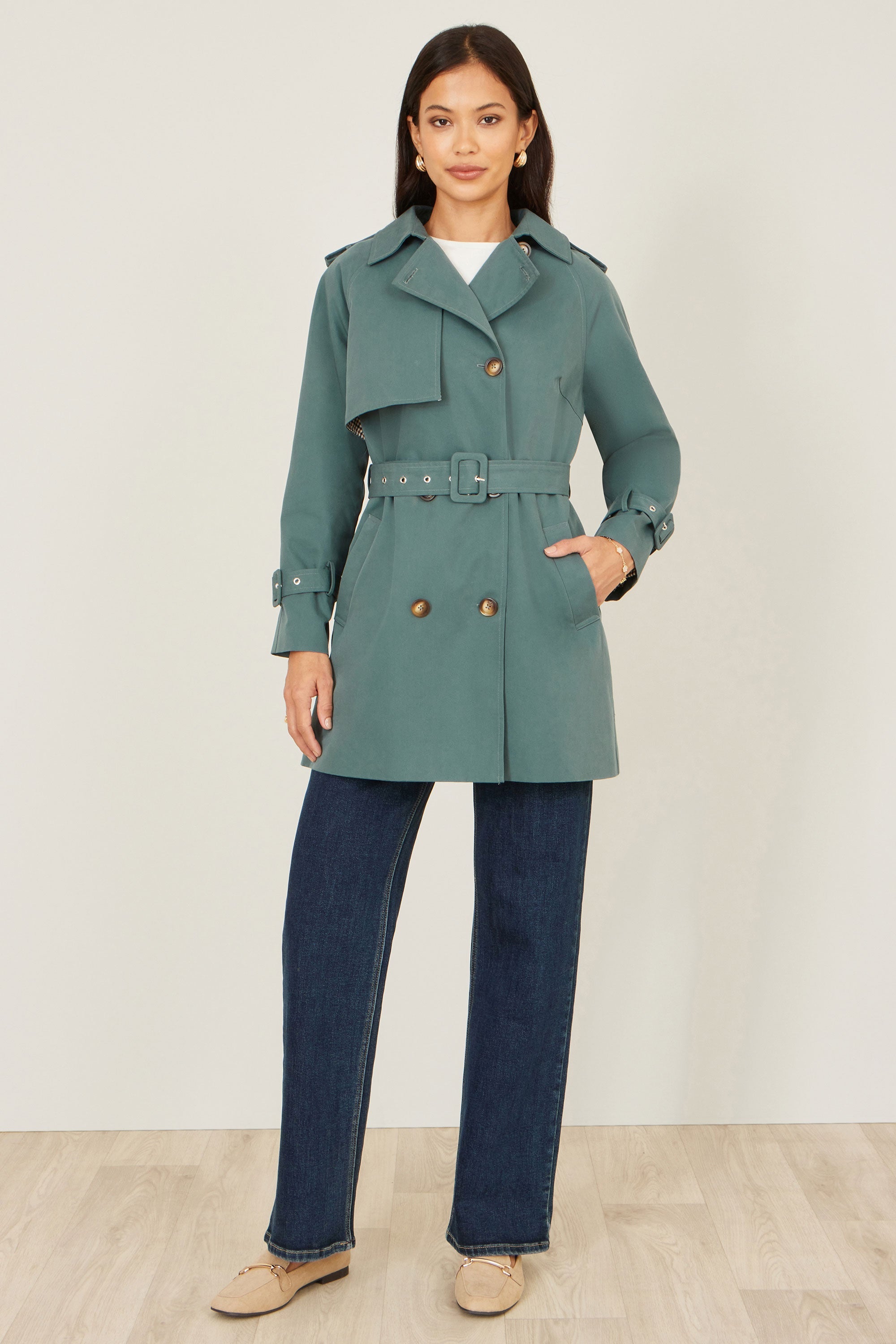 Yumi Blue Belted Trench Coat With Check Lining