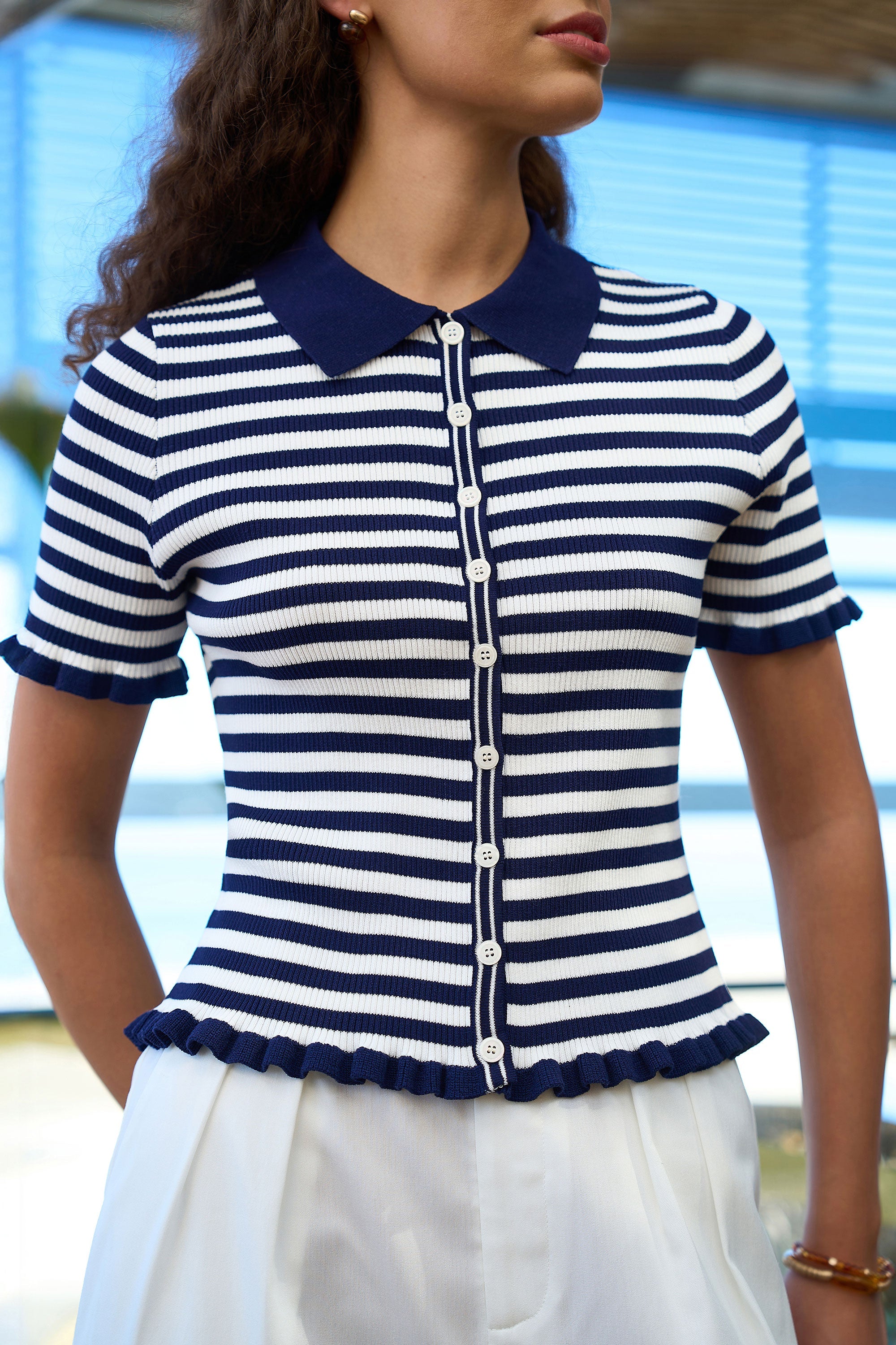 Yumi Navy Nautical Striped Knitted Top