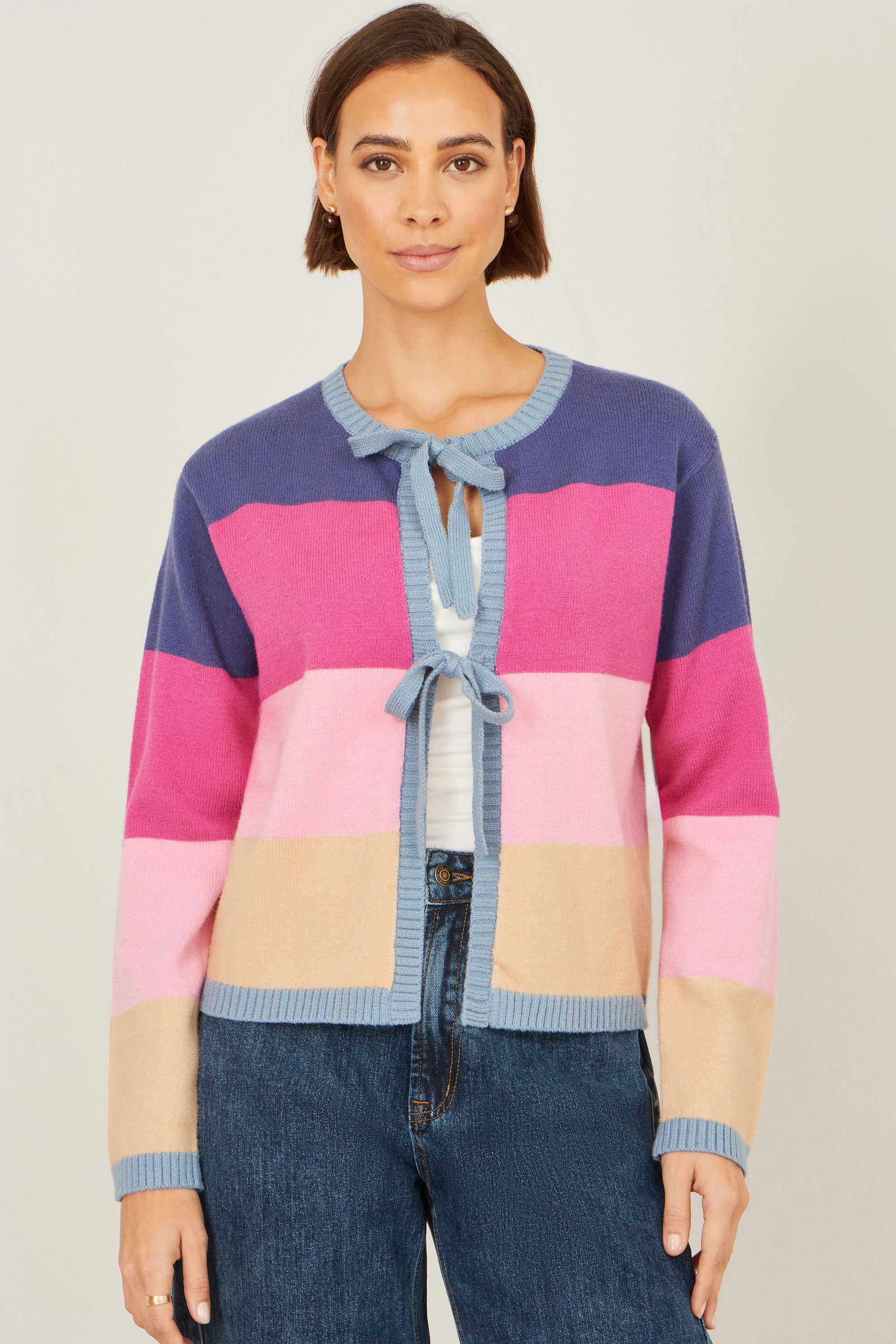 Yumi Multicolour Block Stripe Tie Front Cardigan