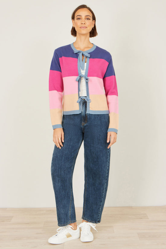 Yumi Multicolour Block Stripe Tie Front Cardigan - QHA UK