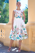 Yumi White Woodland Animal Print Cotton Midi Skater Dress - QHA UK