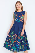 Yumi Navy Woodland Animal Print Cotton Midi Skater Dress - QHA UK
