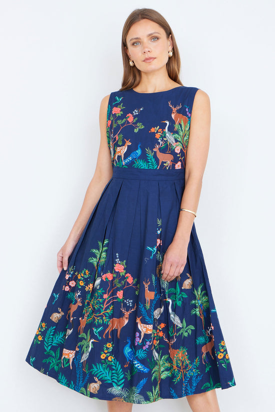 Yumi Navy Woodland Animal Print Cotton Midi Skater Dress - QHA UK