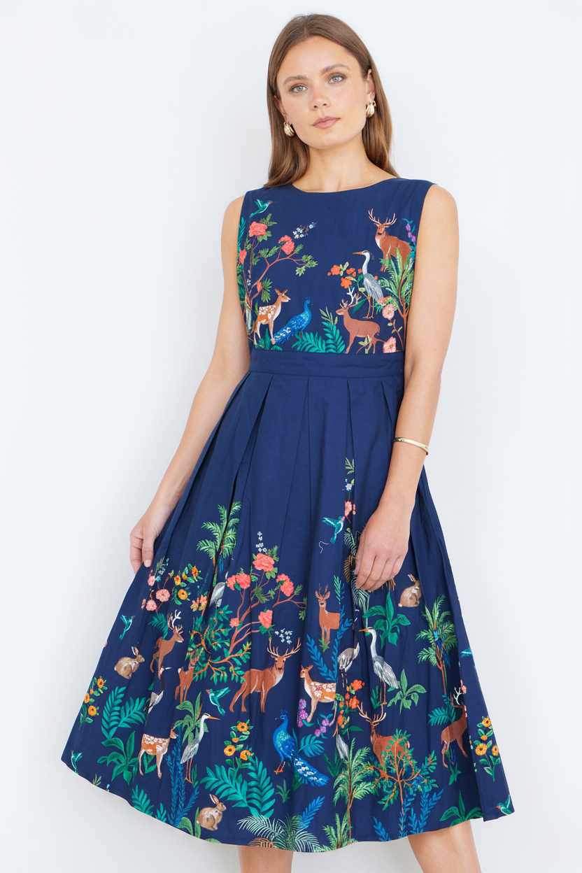 Yumi Womens Navy Woodland Animal Print Cotton Midi Skater Dress
