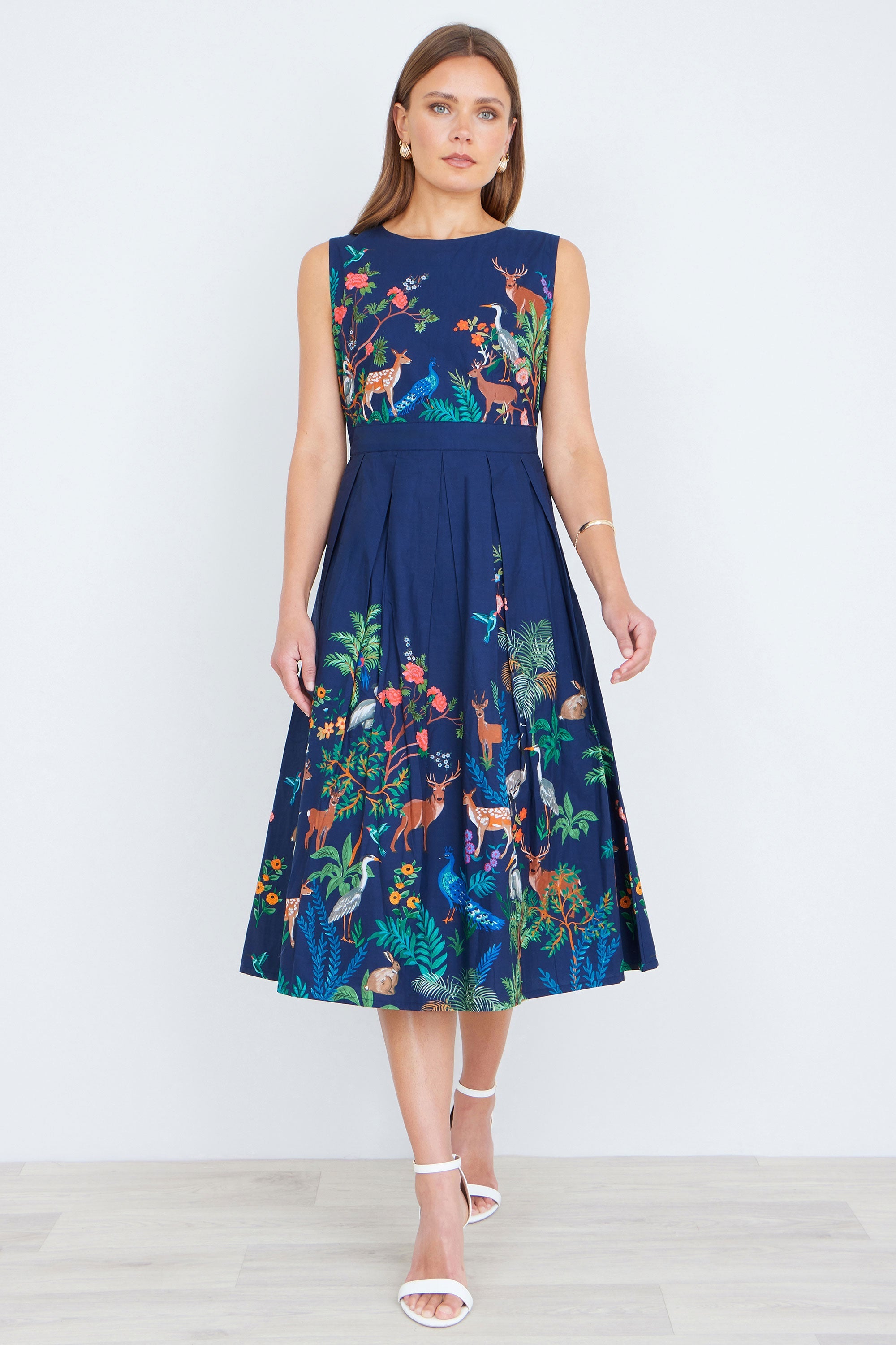 Yumi Navy Woodland Animal Print Cotton Midi Skater Dress - QHA UK