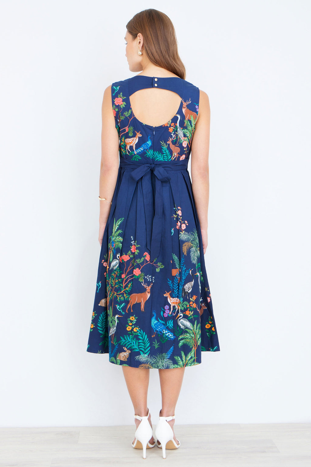 Yumi Navy Woodland Animal Print Cotton Midi Skater Dress - QHA UK