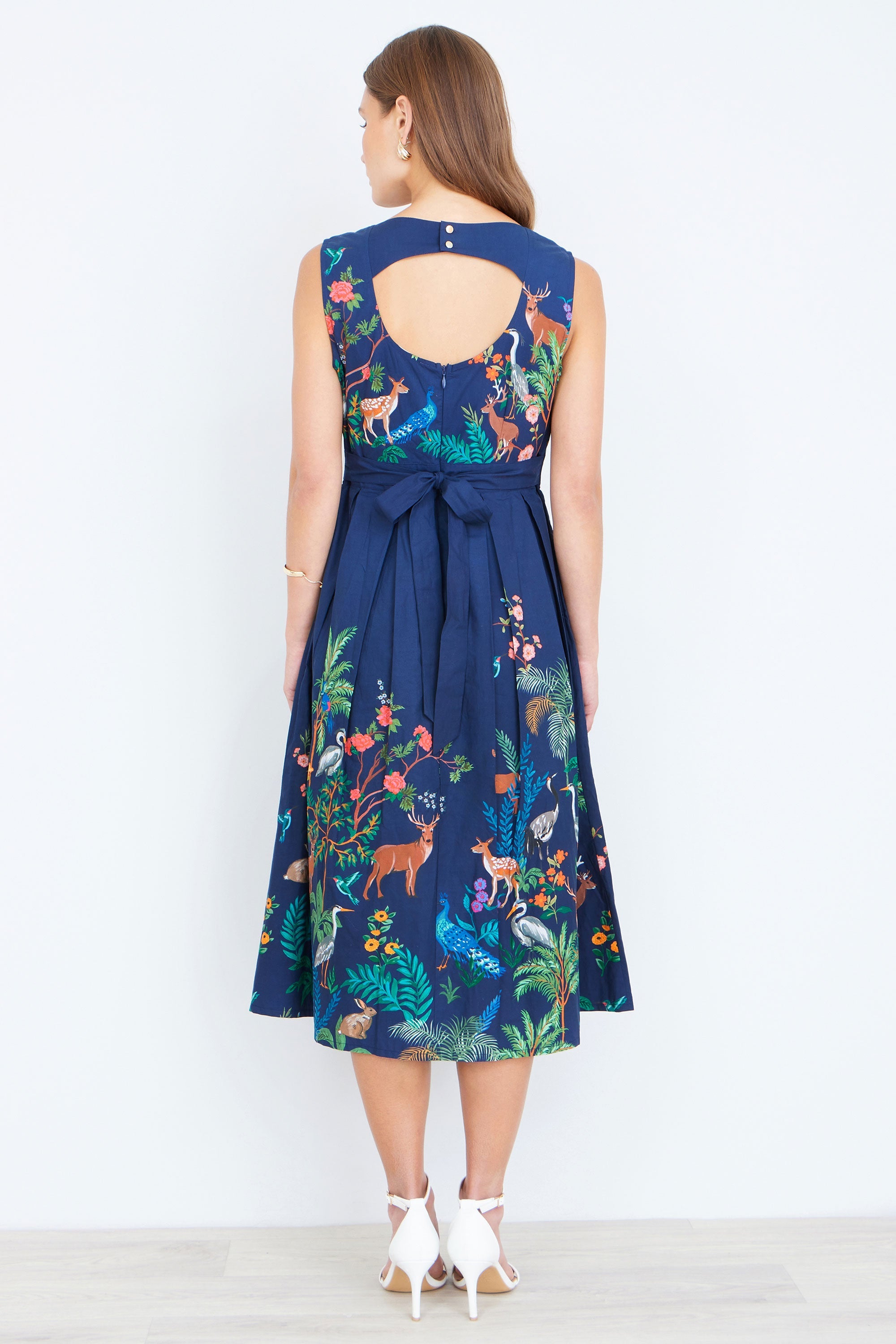 Yumi Navy Woodland Animal Print Cotton Midi Skater Dress - QHA UK