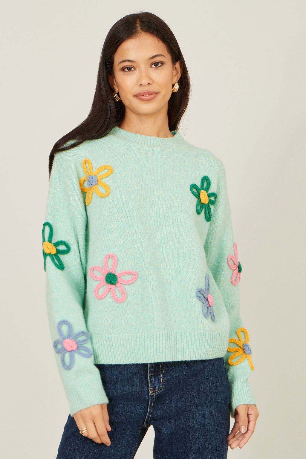 Yumi Green Relaxed Flower Embroidered Jumper