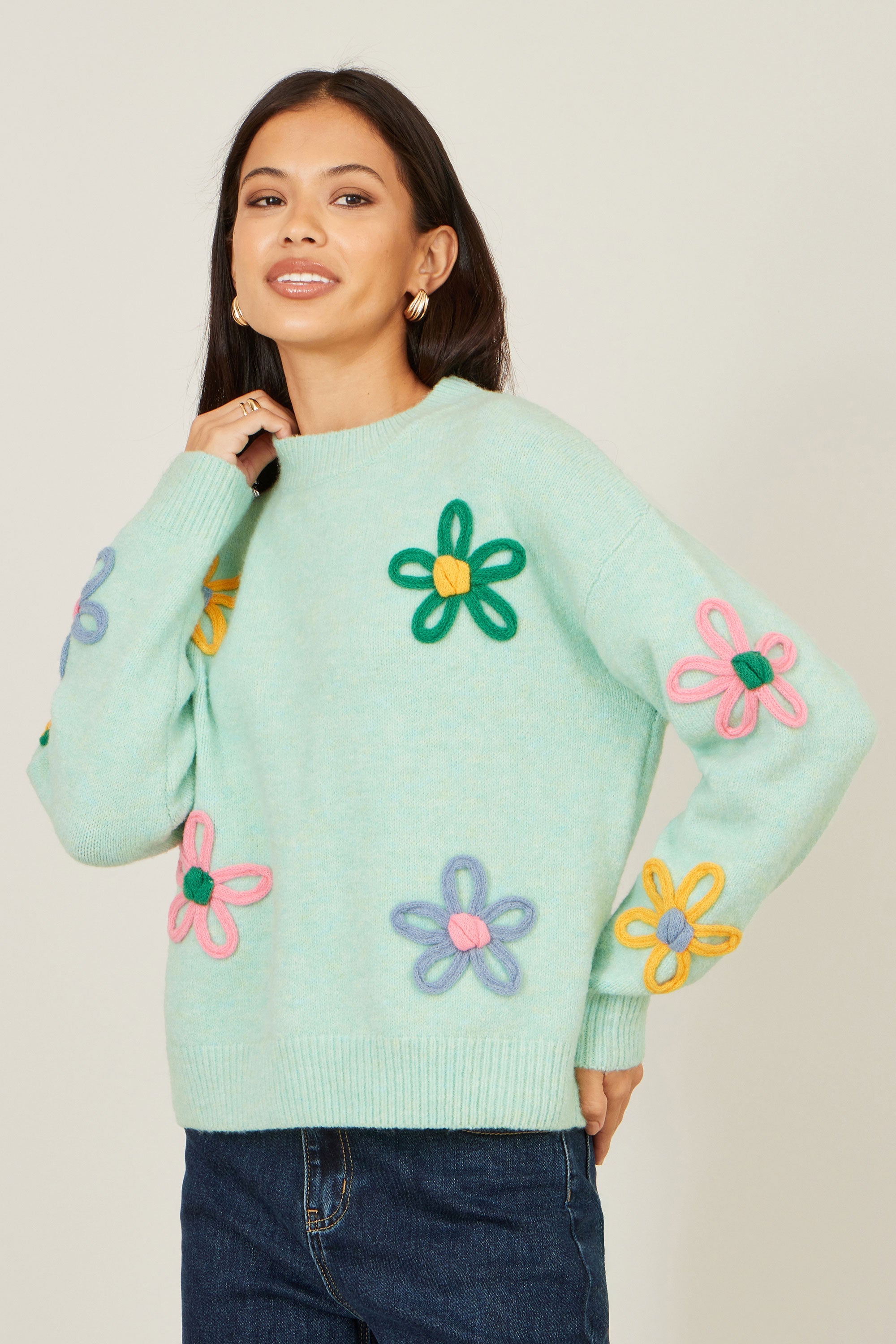 Yumi Green Relaxed Flower Embroidered Jumper