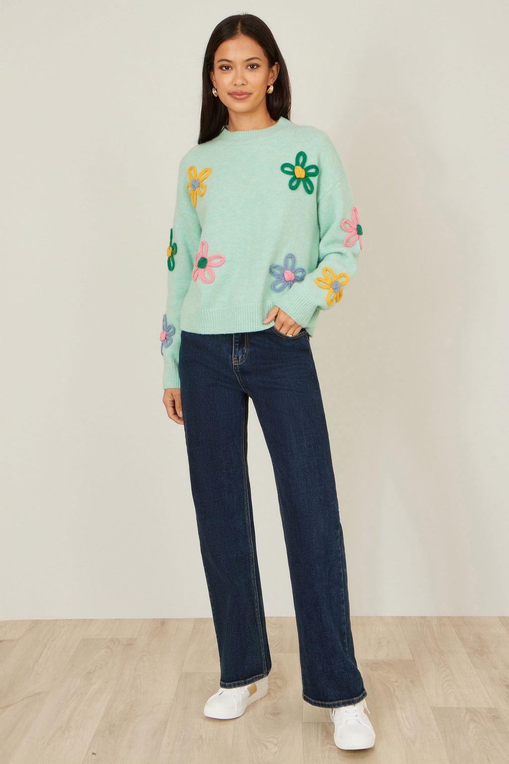 Yumi Green Relaxed Flower Embroidered Jumper