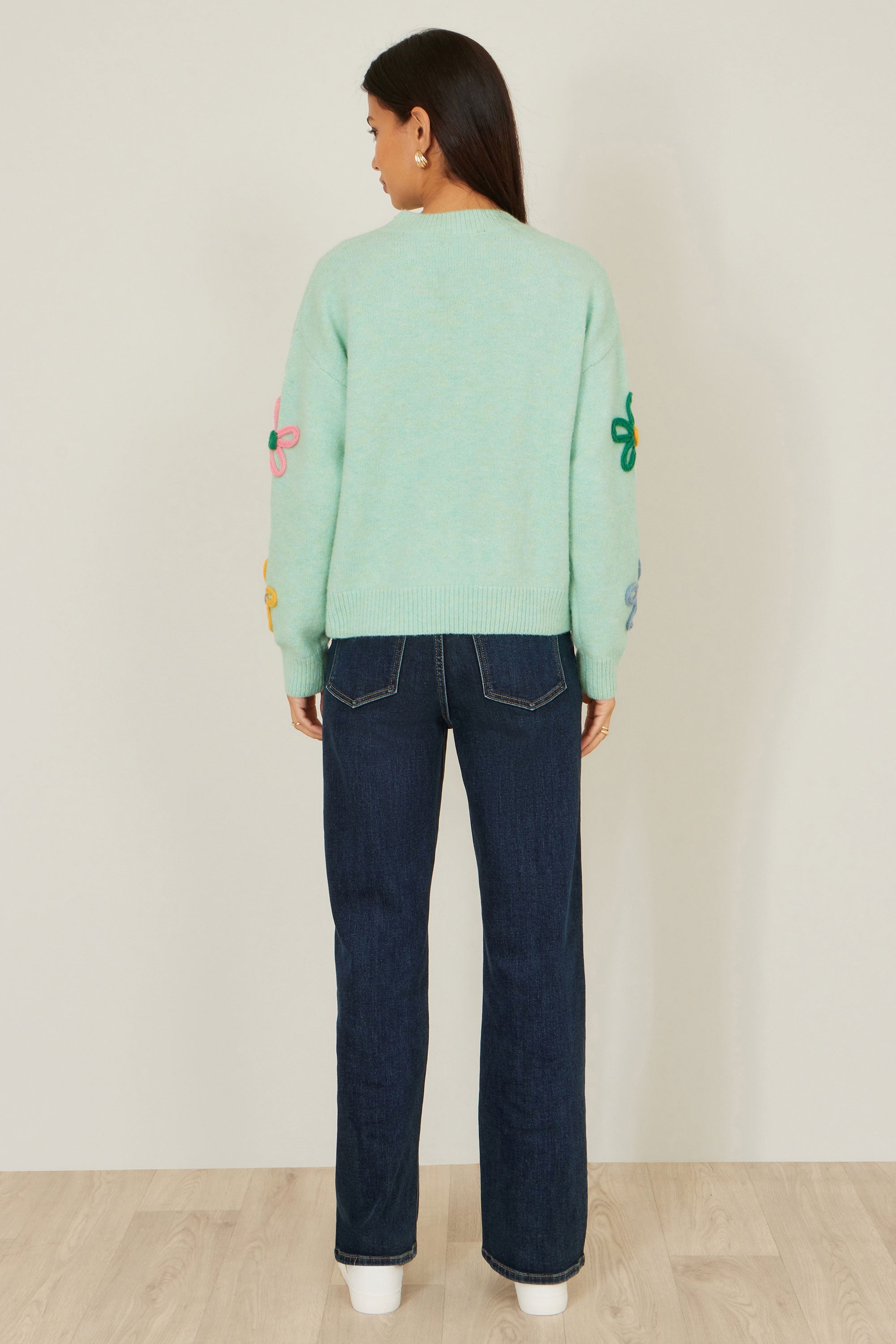 Yumi Green Relaxed Flower Embroidered Jumper