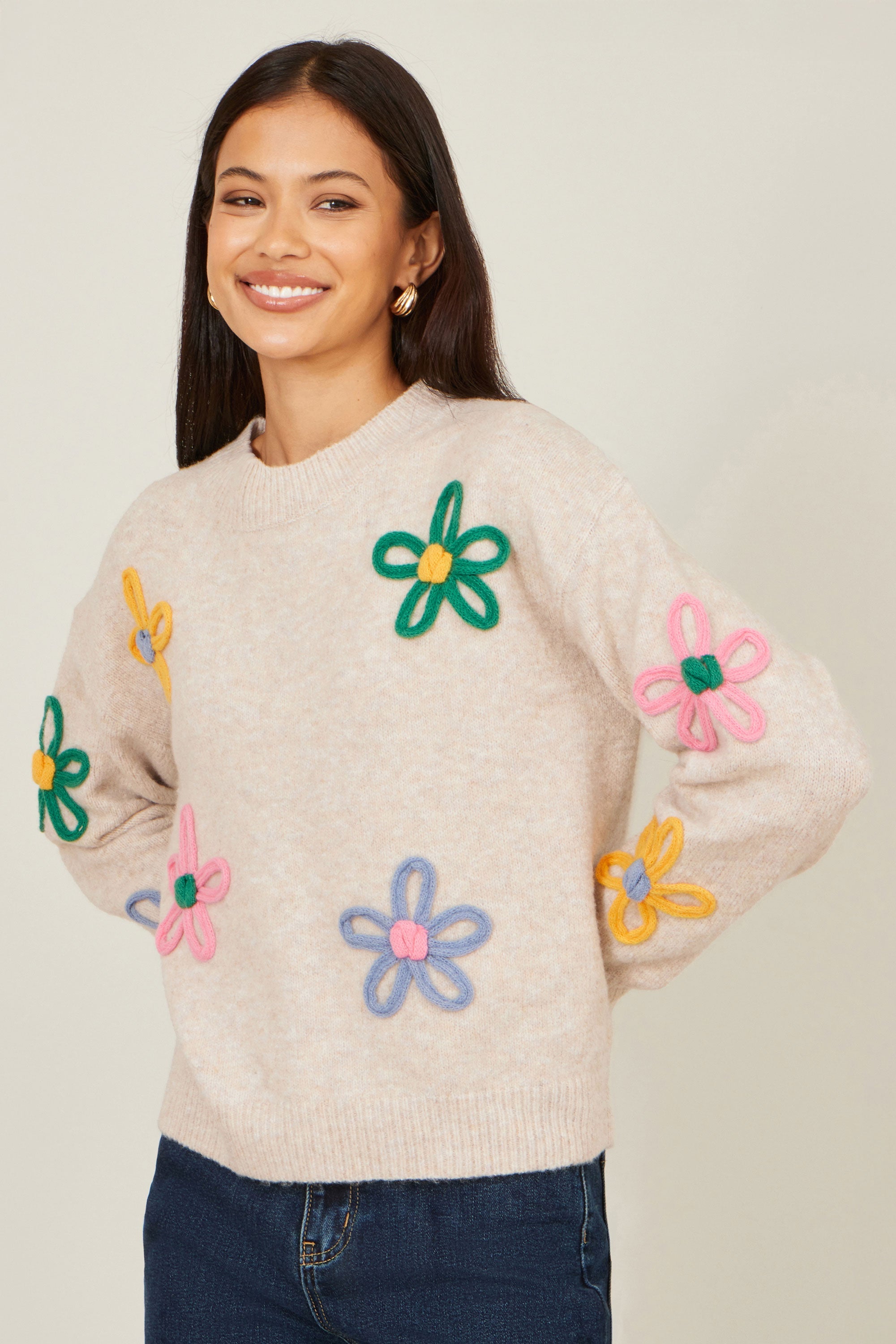 Yumi Oatmeal Relaxed Flower Embroidered Jumper
