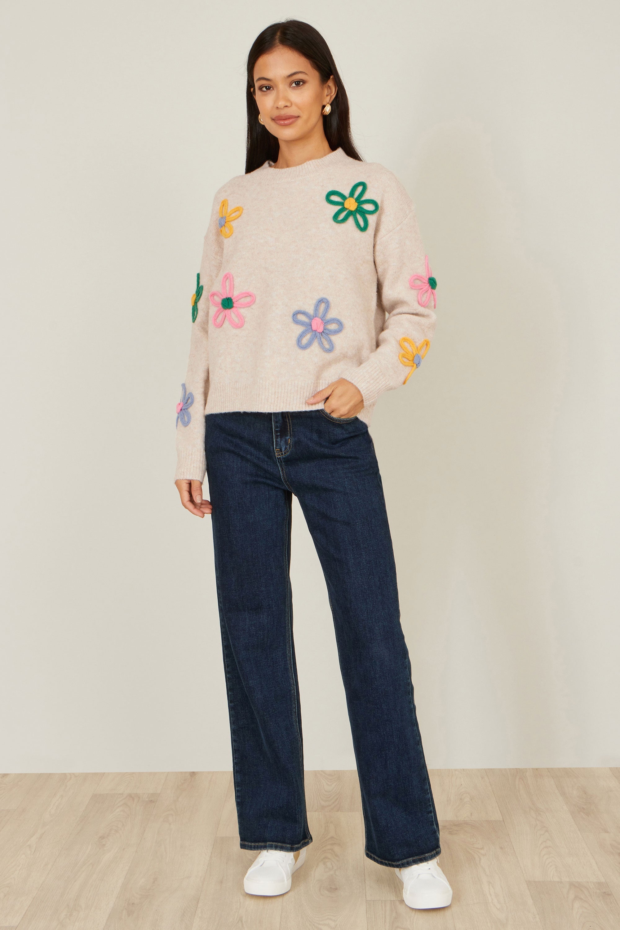 Yumi Oatmeal Relaxed Flower Embroidered Jumper