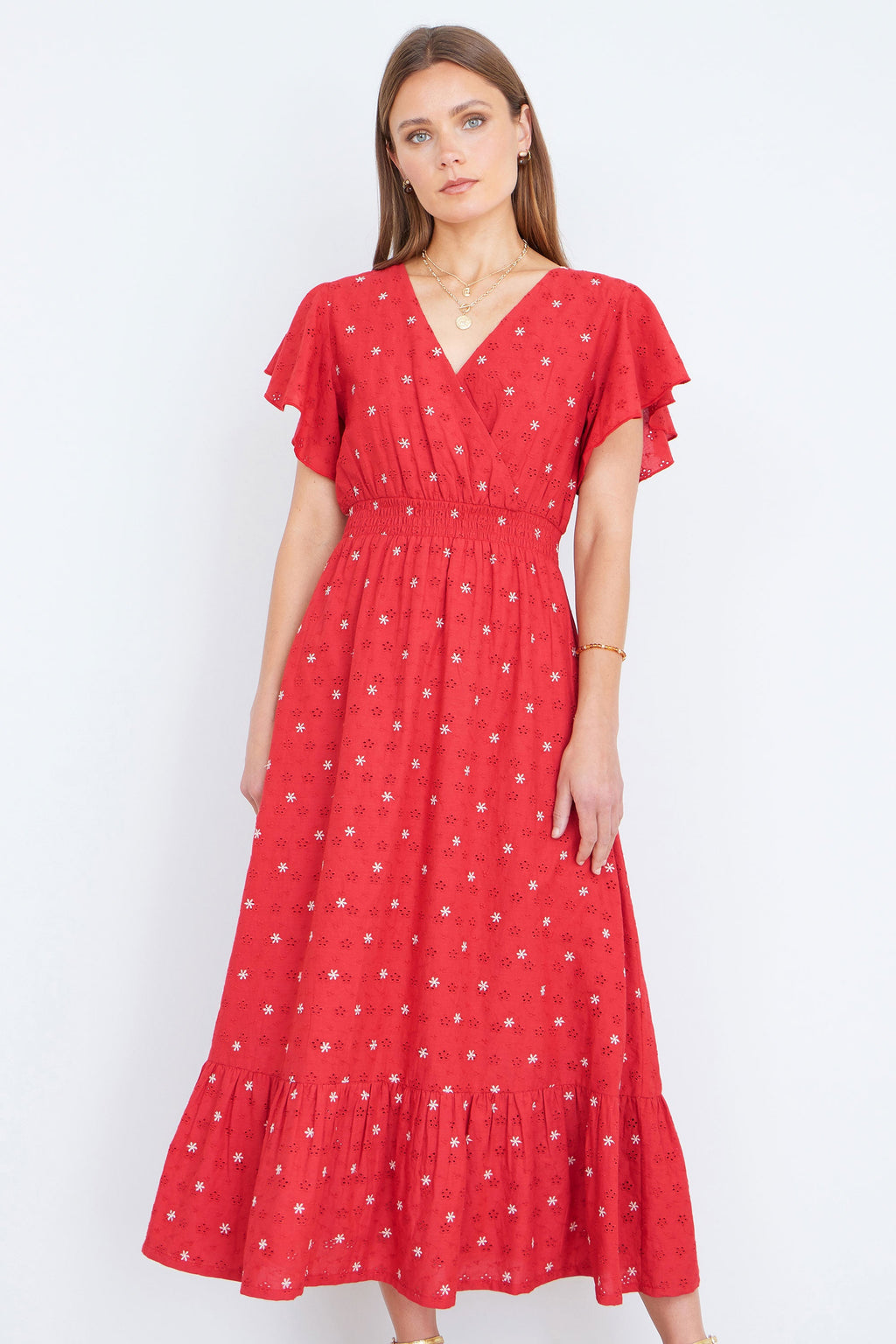Yumi Red Broderie Anglaise Wrap Midi Dress With Flower Embroidery - QHA UK