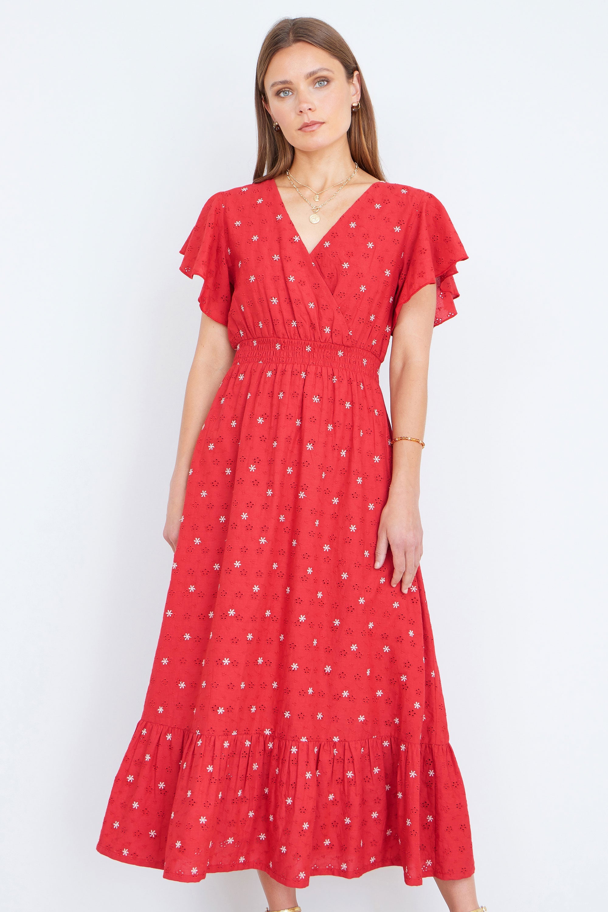 Yumi Red Broderie Anglaise Wrap Midi Dress With Flower Embroidery - QHA UK