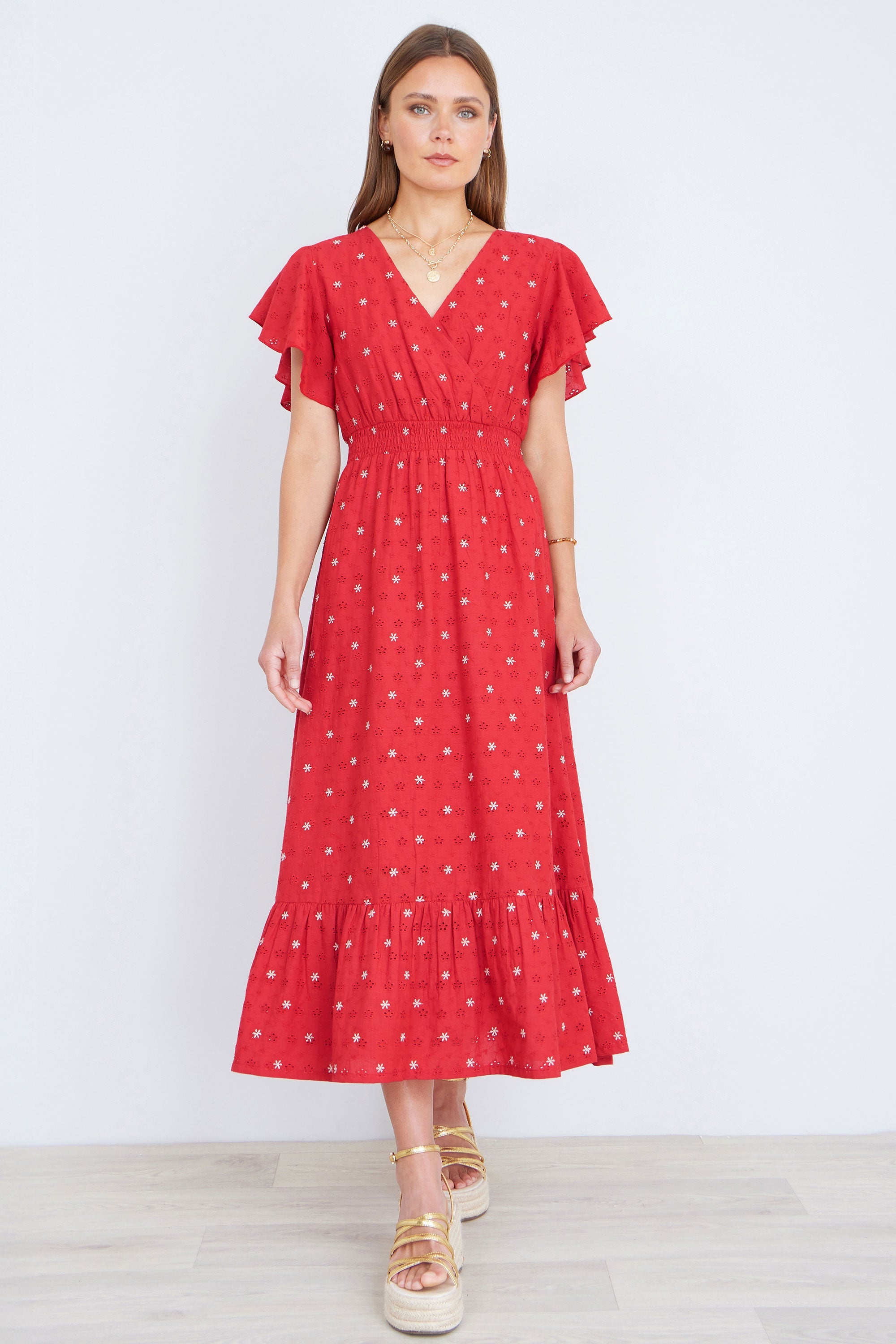 Yumi Red Broderie Anglaise Wrap Midi Dress With Flower Embroidery - QHA UK