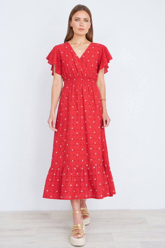 Yumi Red Broderie Anglaise Wrap Midi Dress With Flower Embroidery - QHA UK