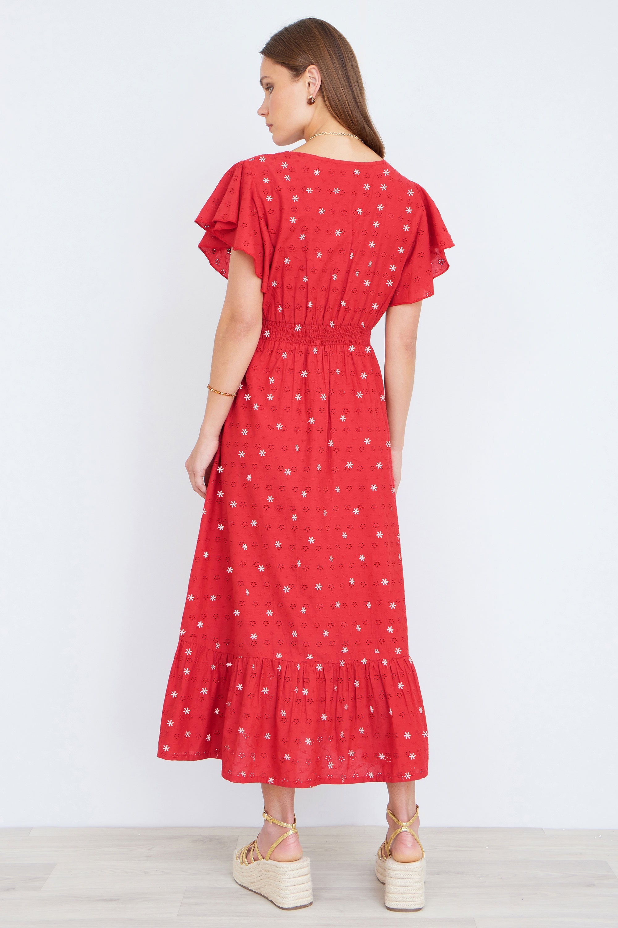 Yumi Red Broderie Anglaise Wrap Midi Dress With Flower Embroidery - QHA UK