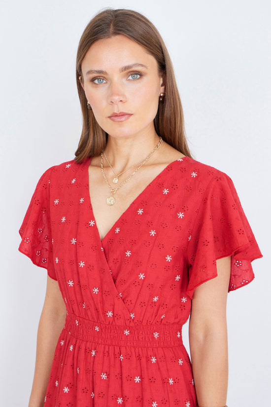Yumi Red Broderie Anglaise Wrap Midi Dress With Flower Embroidery - QHA UK