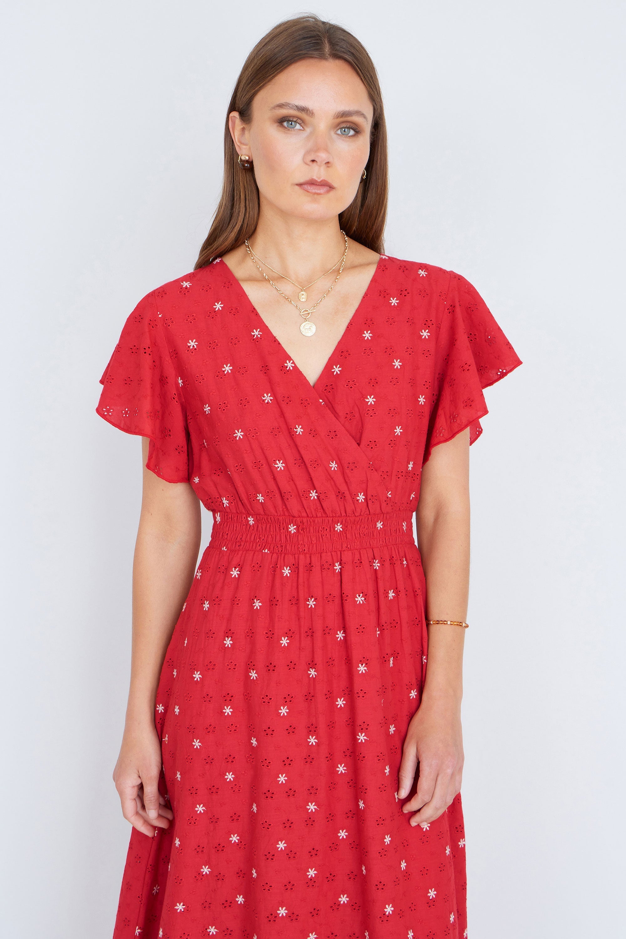 Yumi Red Broderie Anglaise Wrap Midi Dress With Flower Embroidery - QHA UK