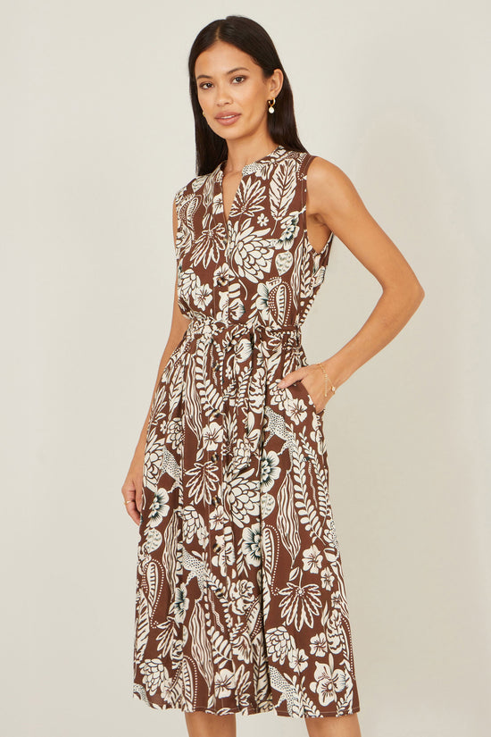 Yumi Brown Leaf Print Shirt Dress - QHA UK
