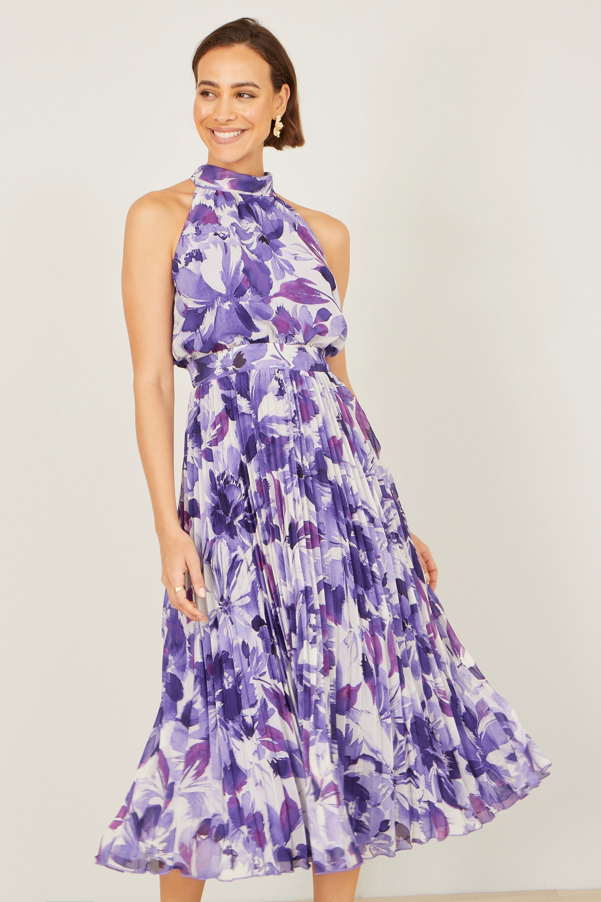 Yumi Purple Abstract Floral Halter Neck Pleated Midi Dress - QHA UK