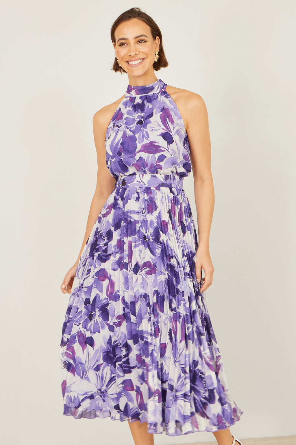 Yumi Purple Abstract Floral Halter Neck Pleated Midi Dress - QHA UK