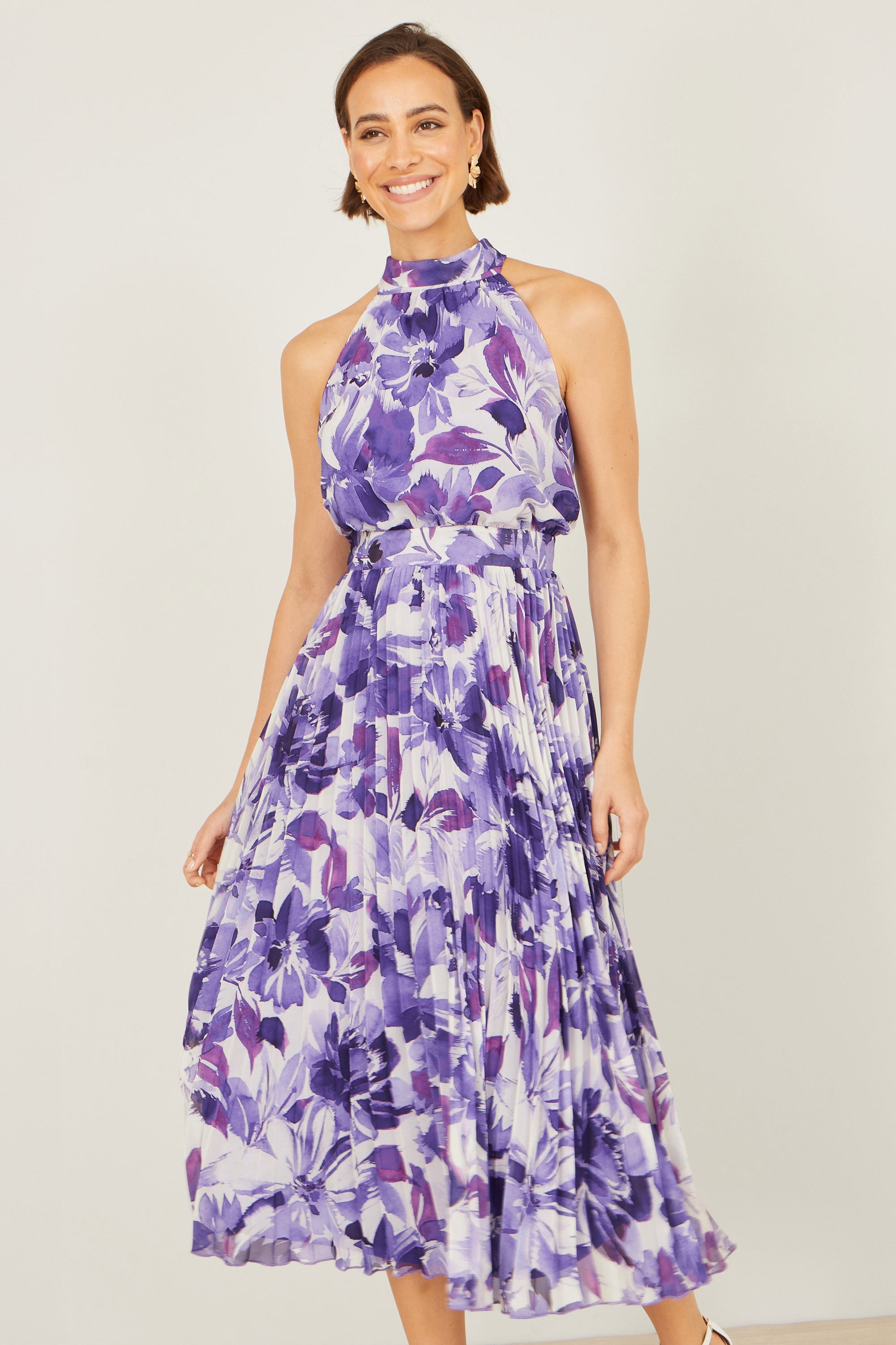 Yumi Purple Abstract Floral Halter Neck Pleated Midi Dress - QHA UK