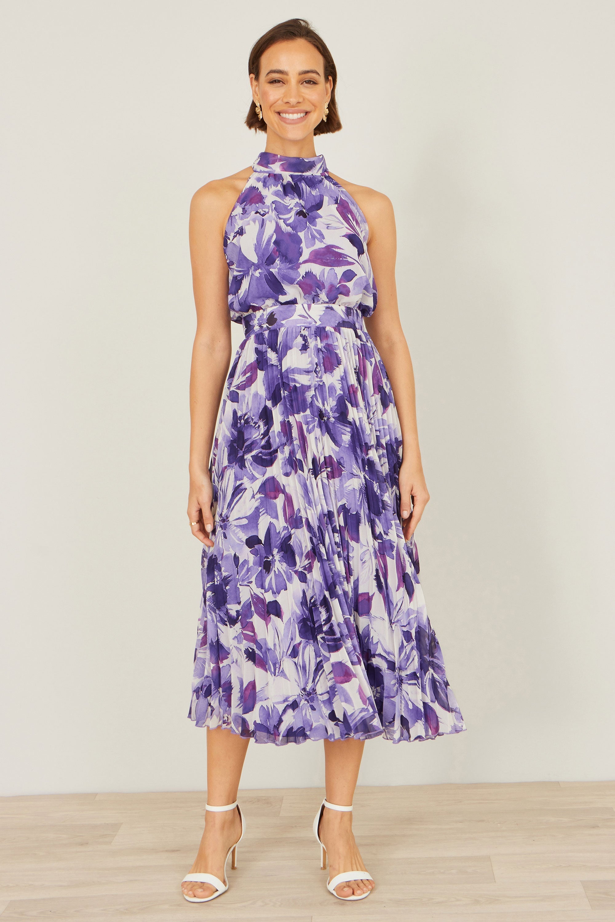 Yumi Purple Abstract Floral Halter Neck Pleated Midi Dress - QHA UK