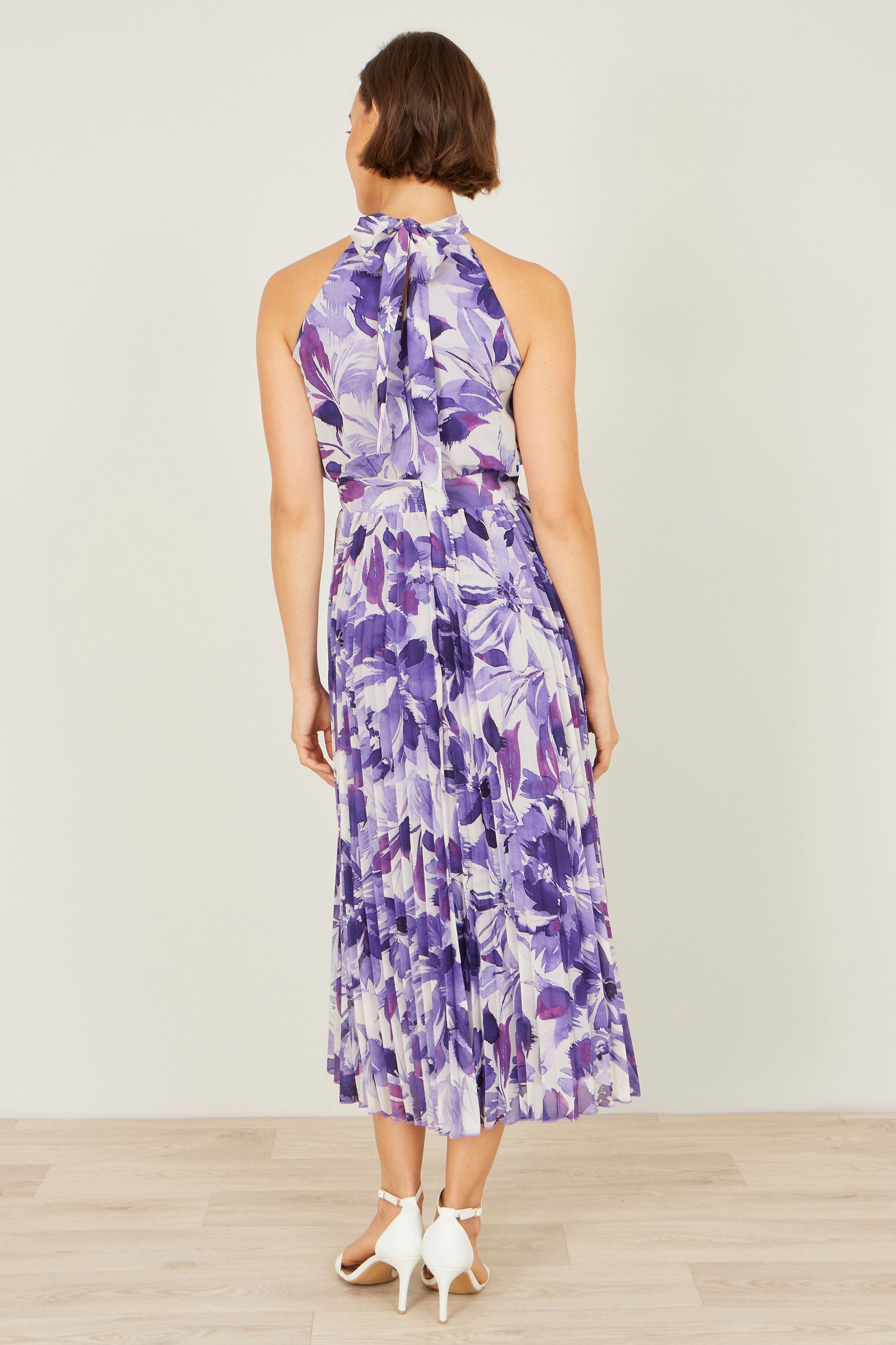 Yumi Purple Abstract Floral Halter Neck Pleated Midi Dress - QHA UK
