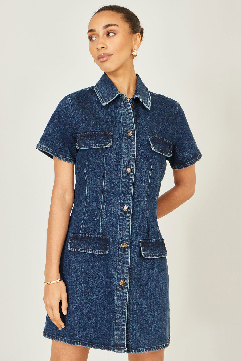 Yumi Blue Denim Stretch Shirt Dress With Pocket Details - QHA UK