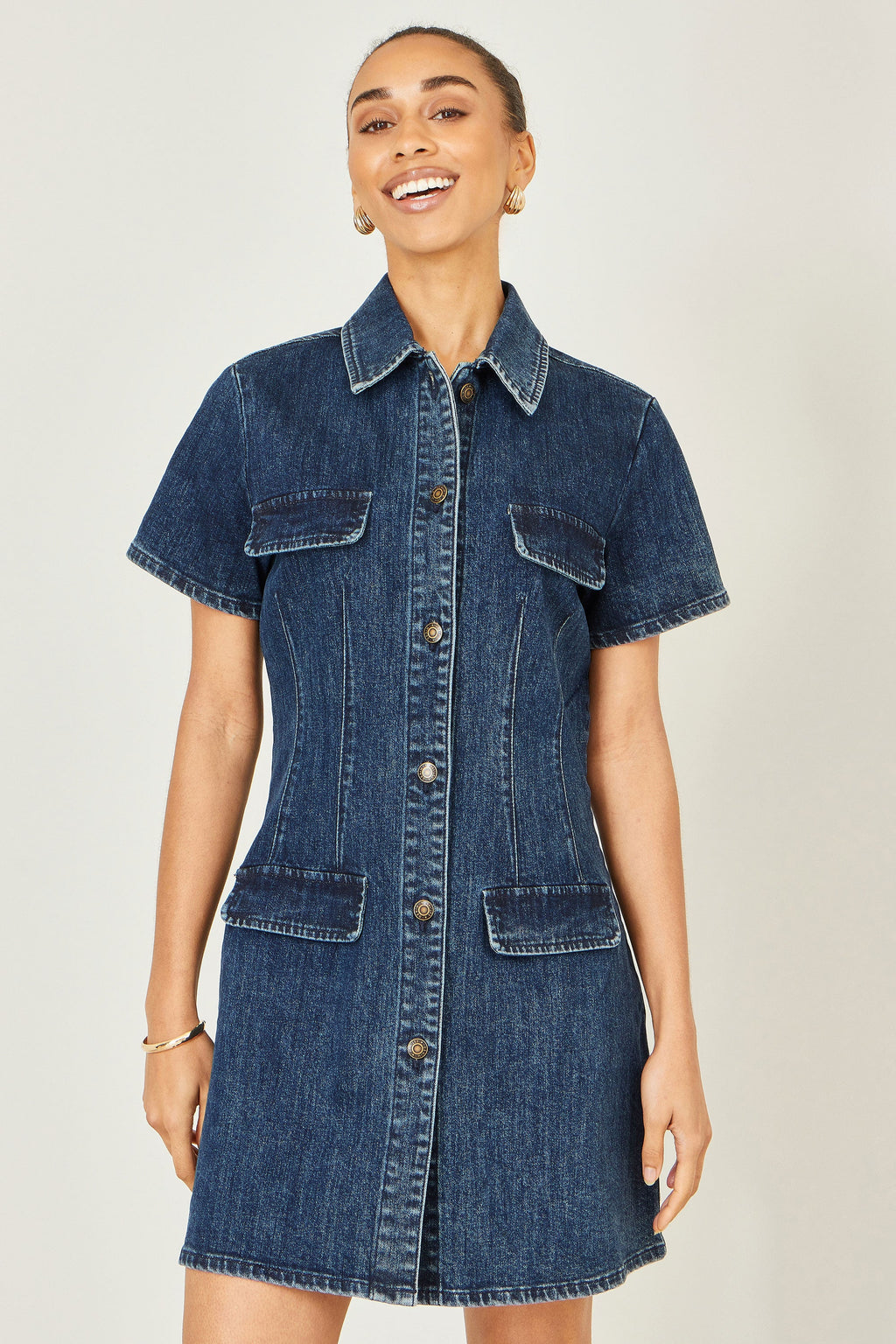 Yumi Blue Denim Stretch Shirt Dress With Pocket Details - QHA UK