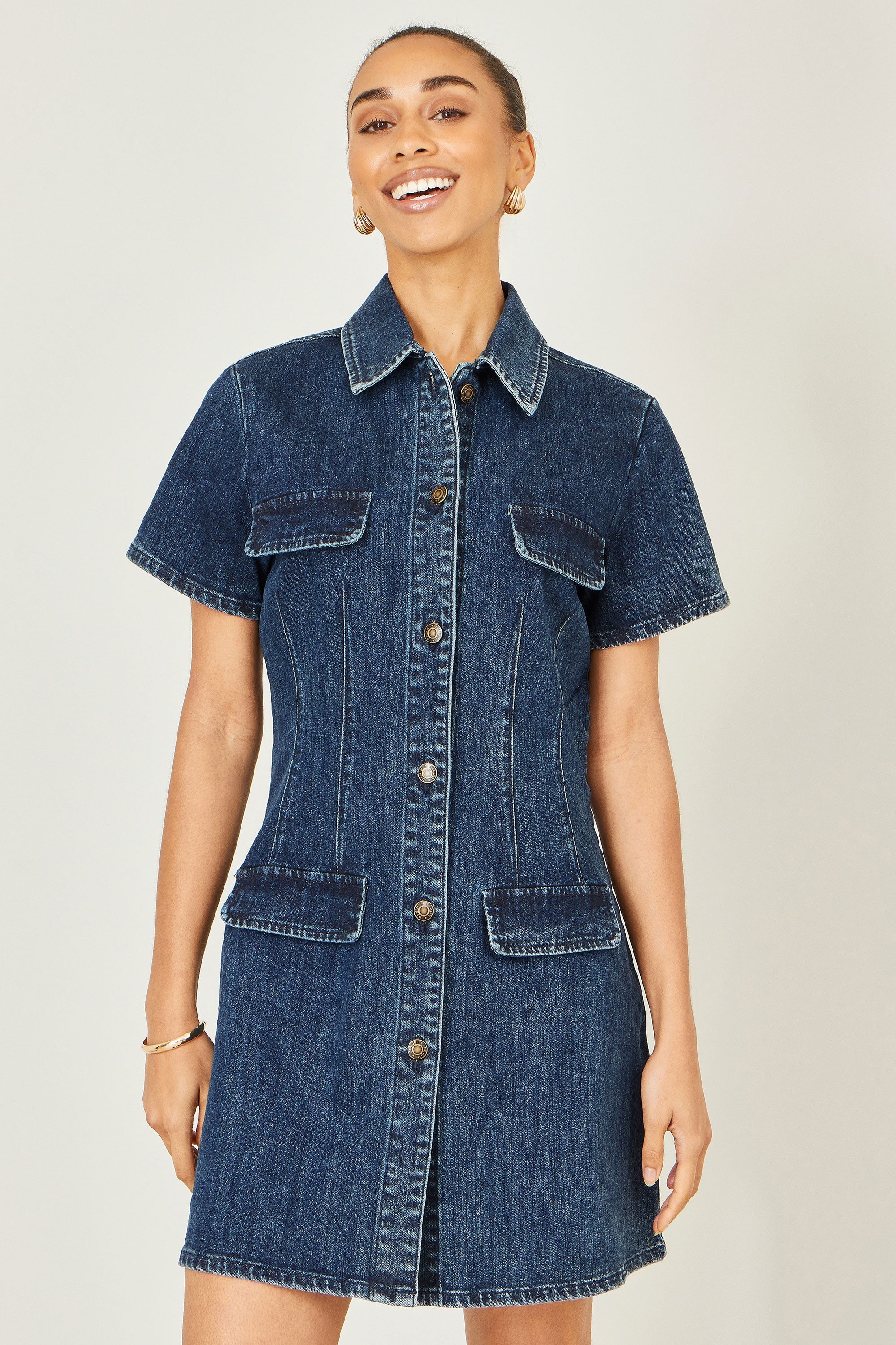 Yumi Blue Denim Stretch Shirt Dress With Pocket Details - QHA UK