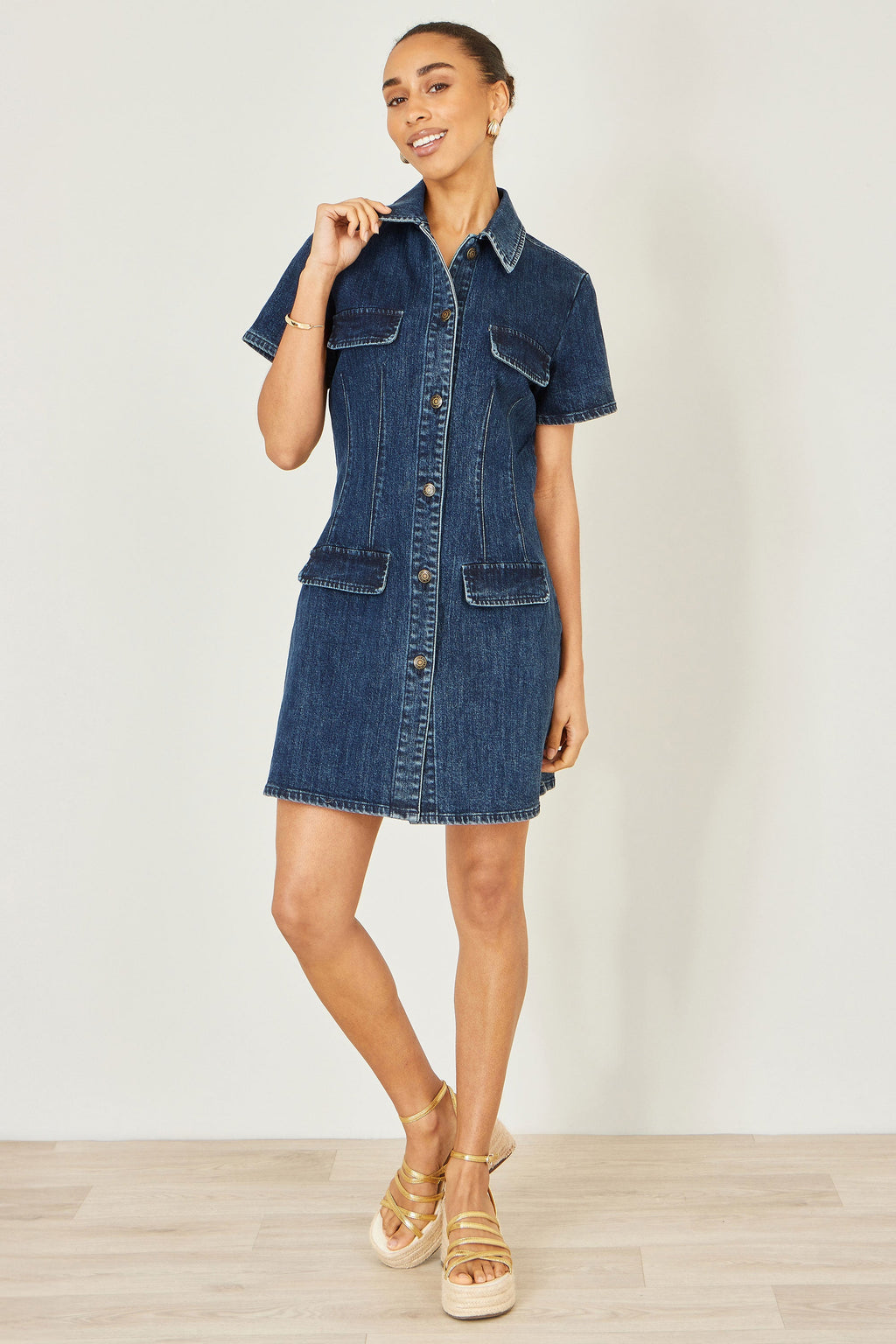 Yumi Blue Denim Stretch Shirt Dress With Pocket Details - QHA UK
