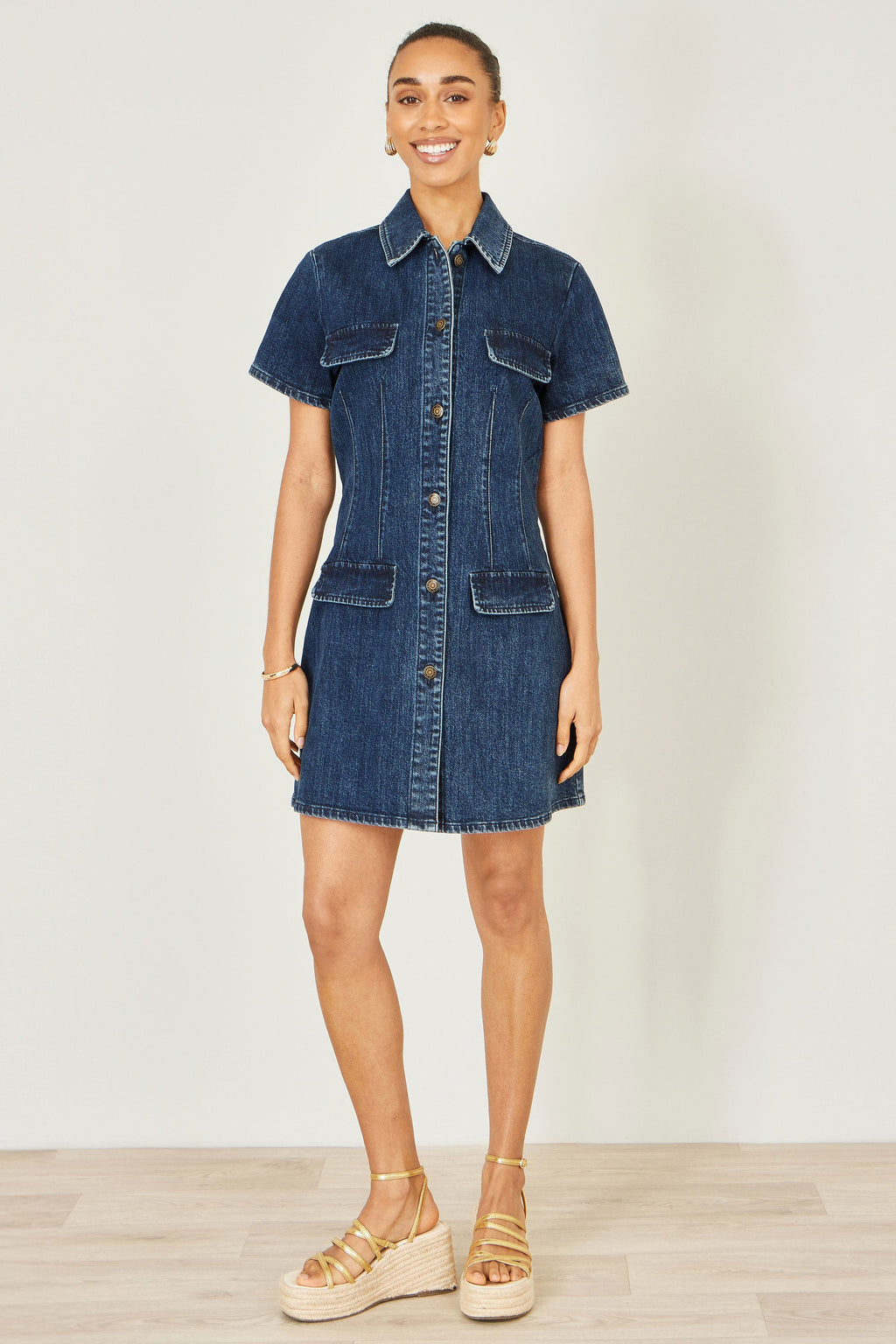 Yumi Blue Denim Stretch Shirt Dress With Pocket Details - QHA UK