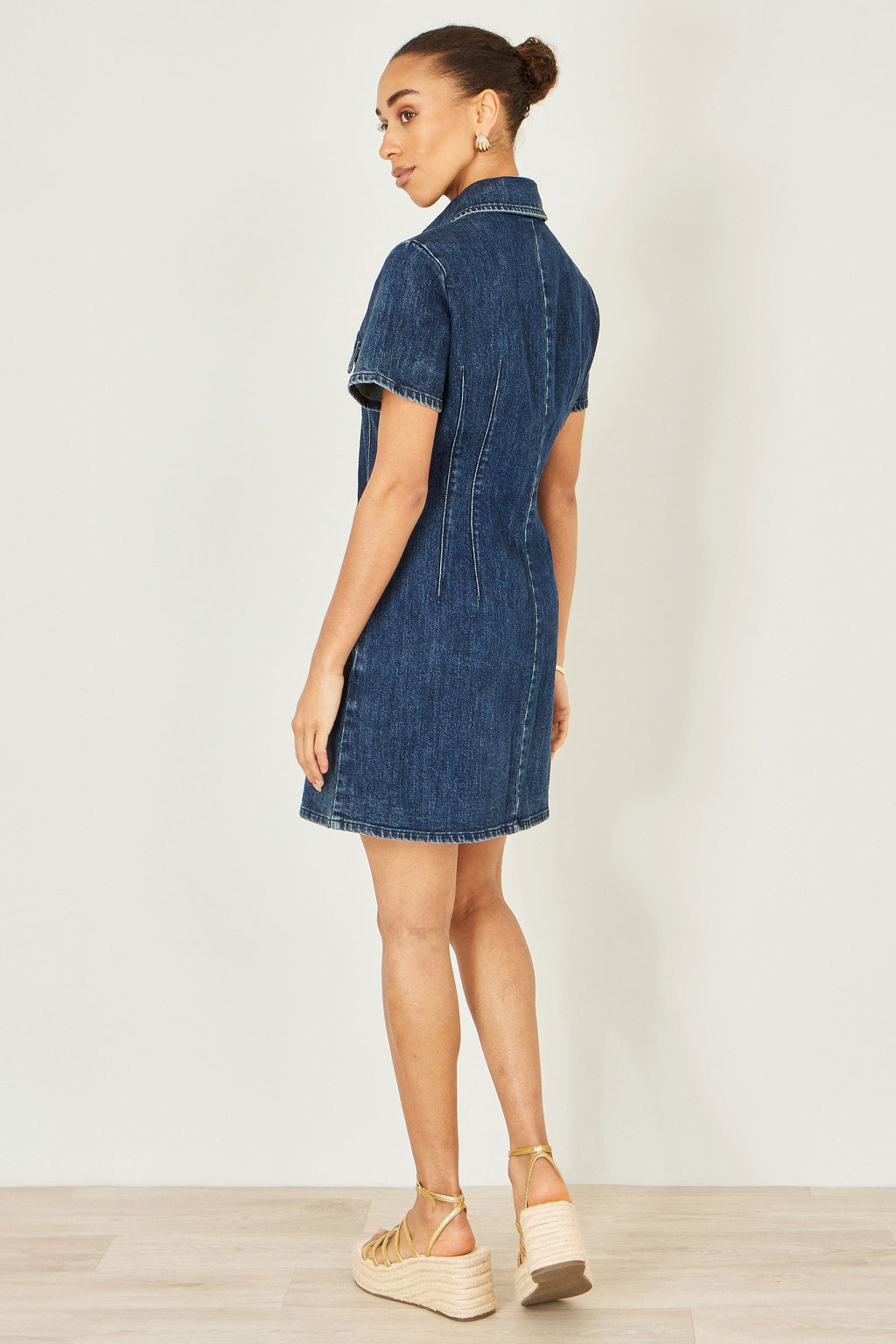 Yumi Blue Denim Stretch Shirt Dress With Pocket Details - QHA UK